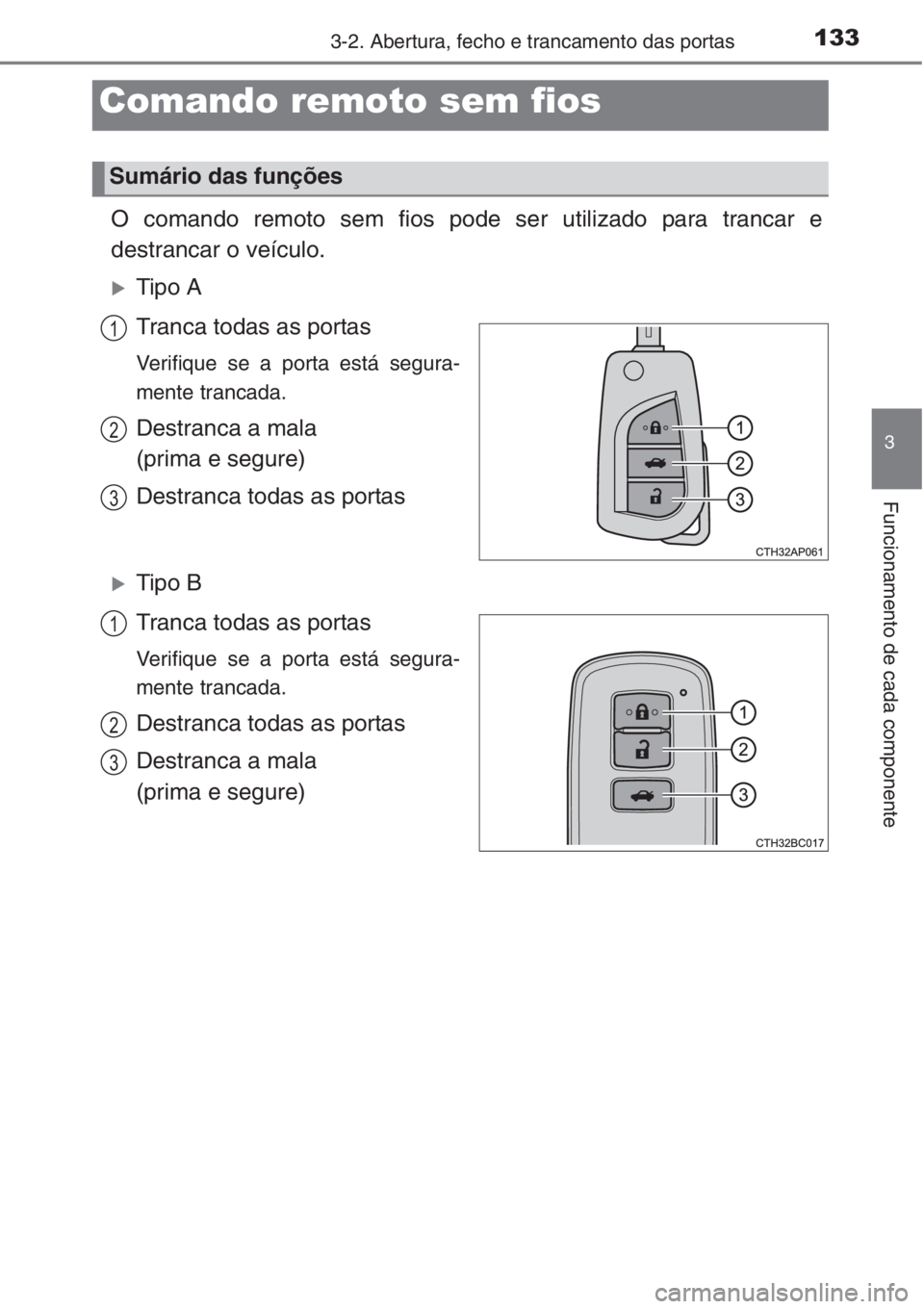 TOYOTA COROLLA 2015  Manual de utilização (in Portuguese) 1333-2. Abertura, fecho e trancamento das portas
3
Funcionamento de cada componente
O comando remoto sem fios pode ser utilizado para trancar e
destrancar o veículo.
�XTipo A
Tranca todas as portas
V