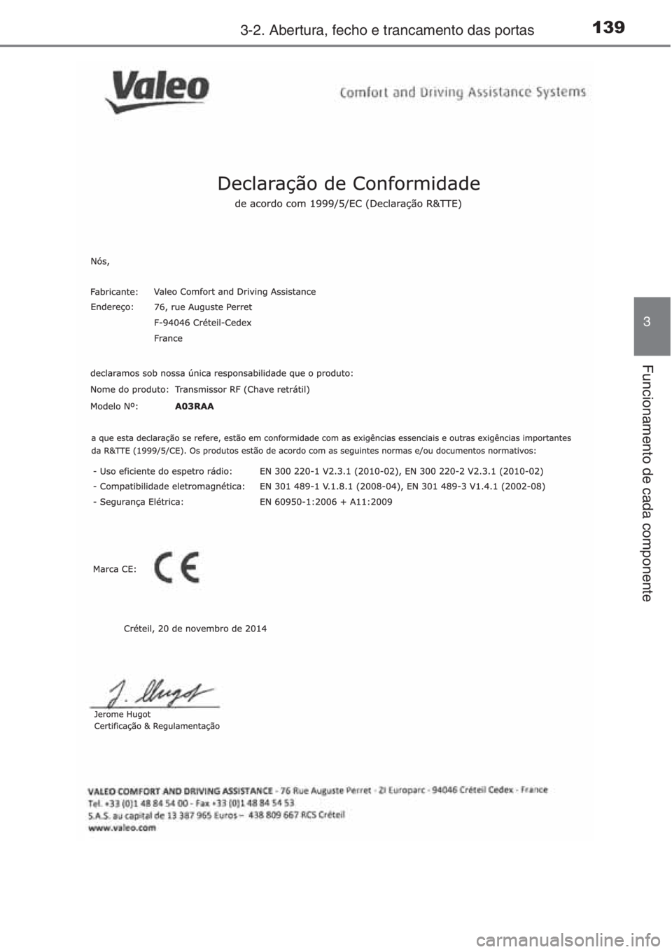 TOYOTA COROLLA 2015  Manual de utilização (in Portuguese) 1393-2. Abertura, fecho e trancamento das portas
3
Funcionamento de cada componente 