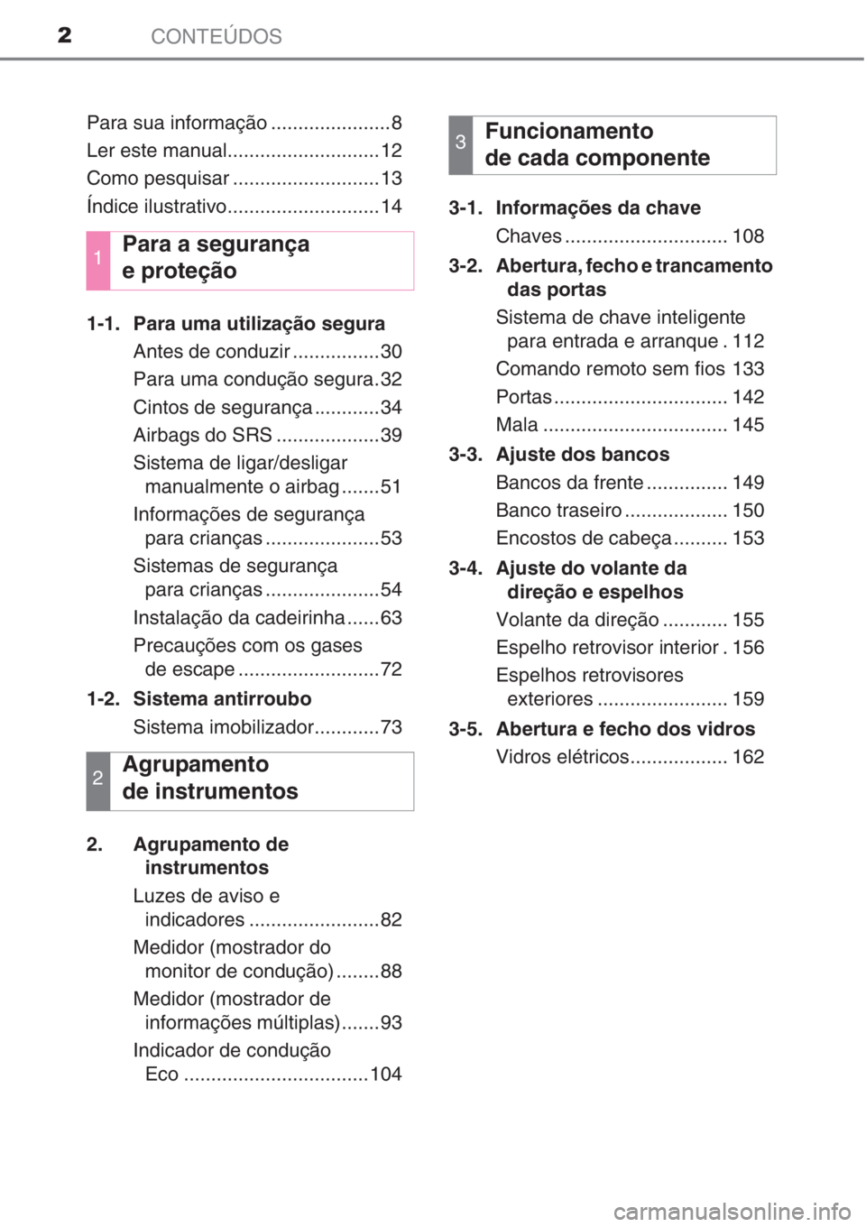 TOYOTA COROLLA 2015  Manual de utilização (in Portuguese) CONTEÚDOS2
Para sua informação ......................8
Ler este manual............................12
Como pesquisar ...........................13
Índice ilustrativo............................14
1