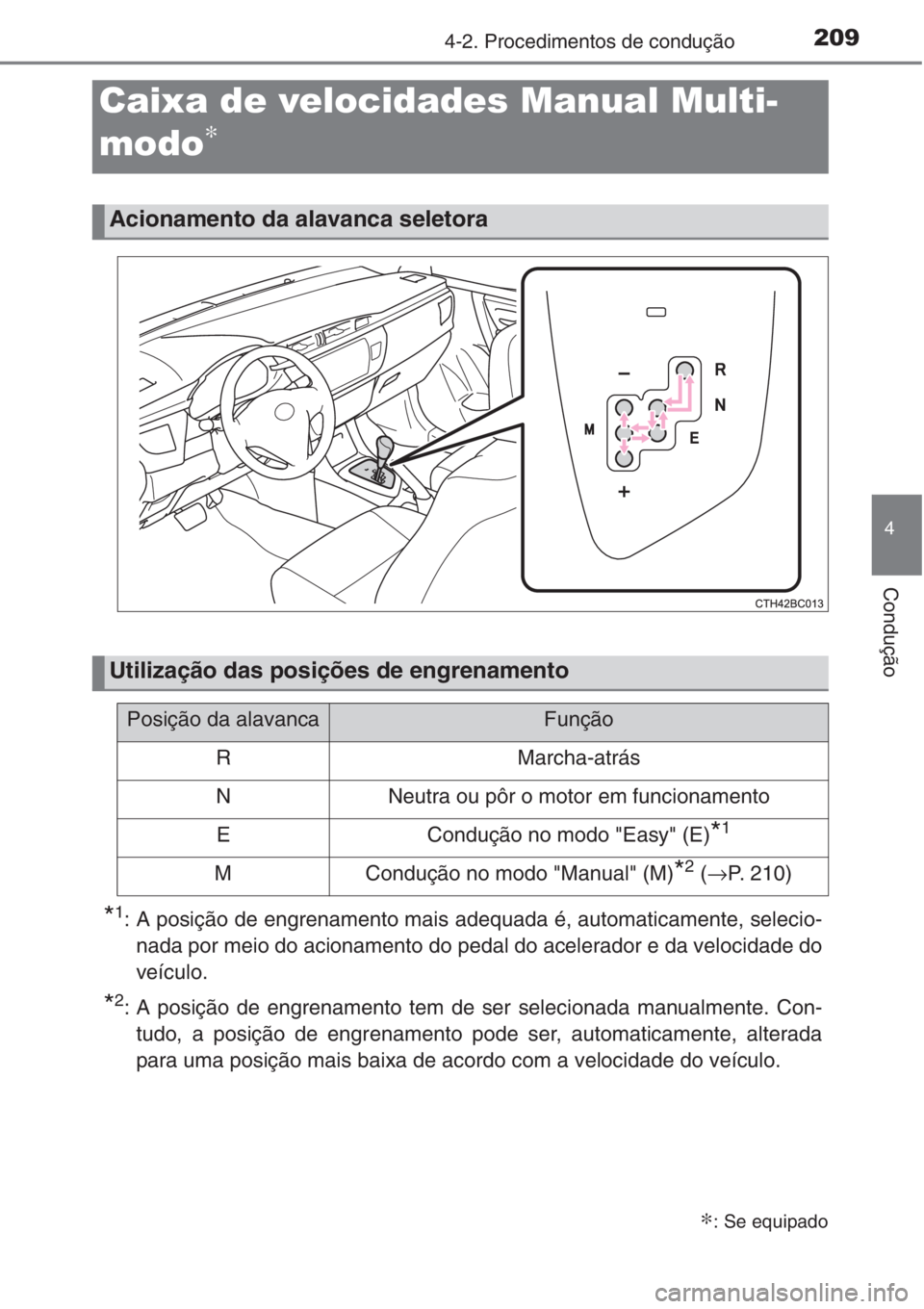 TOYOTA COROLLA 2015  Manual de utilização (in Portuguese) 2094-2. Procedimentos de condução
4
Condução
*1: A posição de engrenamento mais adequada é, automaticamente, selecio-
nada por meio do acionamento do pedal do acelerador e da velocidade do
veí