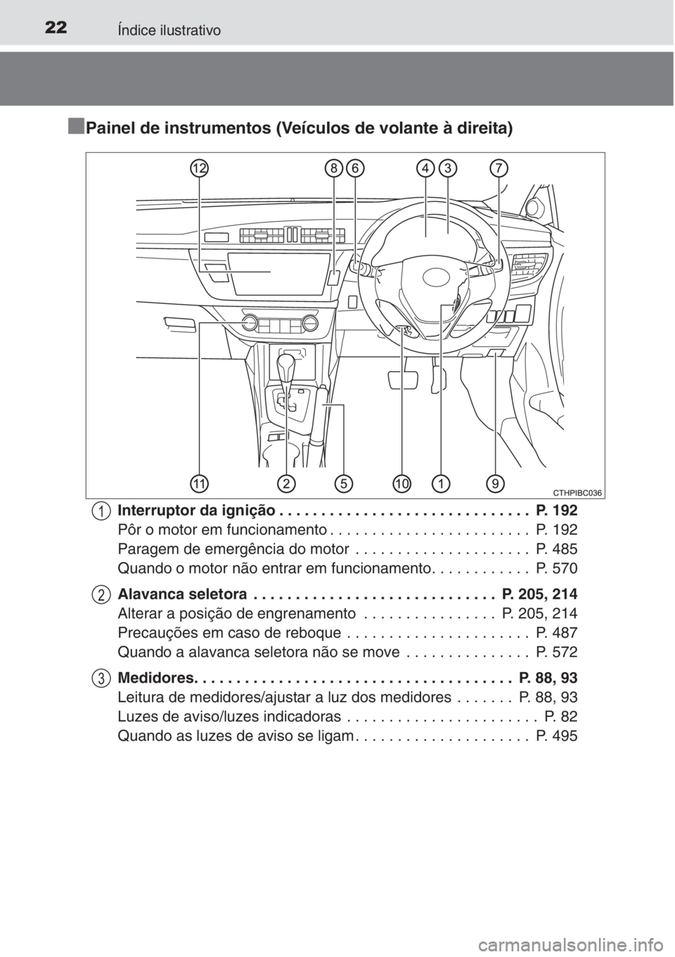 TOYOTA COROLLA 2015 Manual de utilização (in Portuguese) 22Índice ilustrativo
■
■■ ■Painel de instrumentos (Veículos de volante à direita)
Interruptor da ignição . . . . . . . . . . . . . . . . . . . . . . . . . . . . . . P. 192
Pôr o motor e TOYOTA COROLLA 2015 Manual de utilização (in Portuguese) 22Índice ilustrativo
■
■■ ■Painel de instrumentos (Veículos de volante à direita)
Interruptor da ignição . . . . . . . . . . . . . . . . . . . . . . . . . . . . . . P. 192
Pôr o motor e