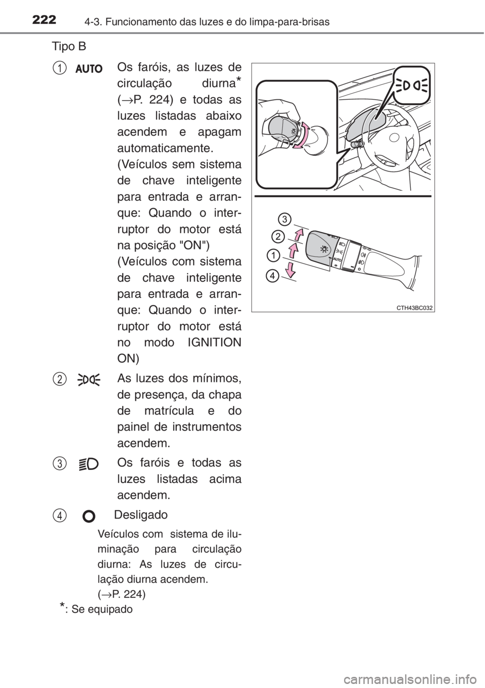 TOYOTA COROLLA 2015  Manual de utilização (in Portuguese) 2224-3. Funcionamento das luzes e do limpa-para-brisas
Tipo B
Os faróis, as luzes de
circulação diurna
*
(→P. 224) e todas as
luzes listadas abaixo
acendem e apagam
automaticamente.
(Veículos se
