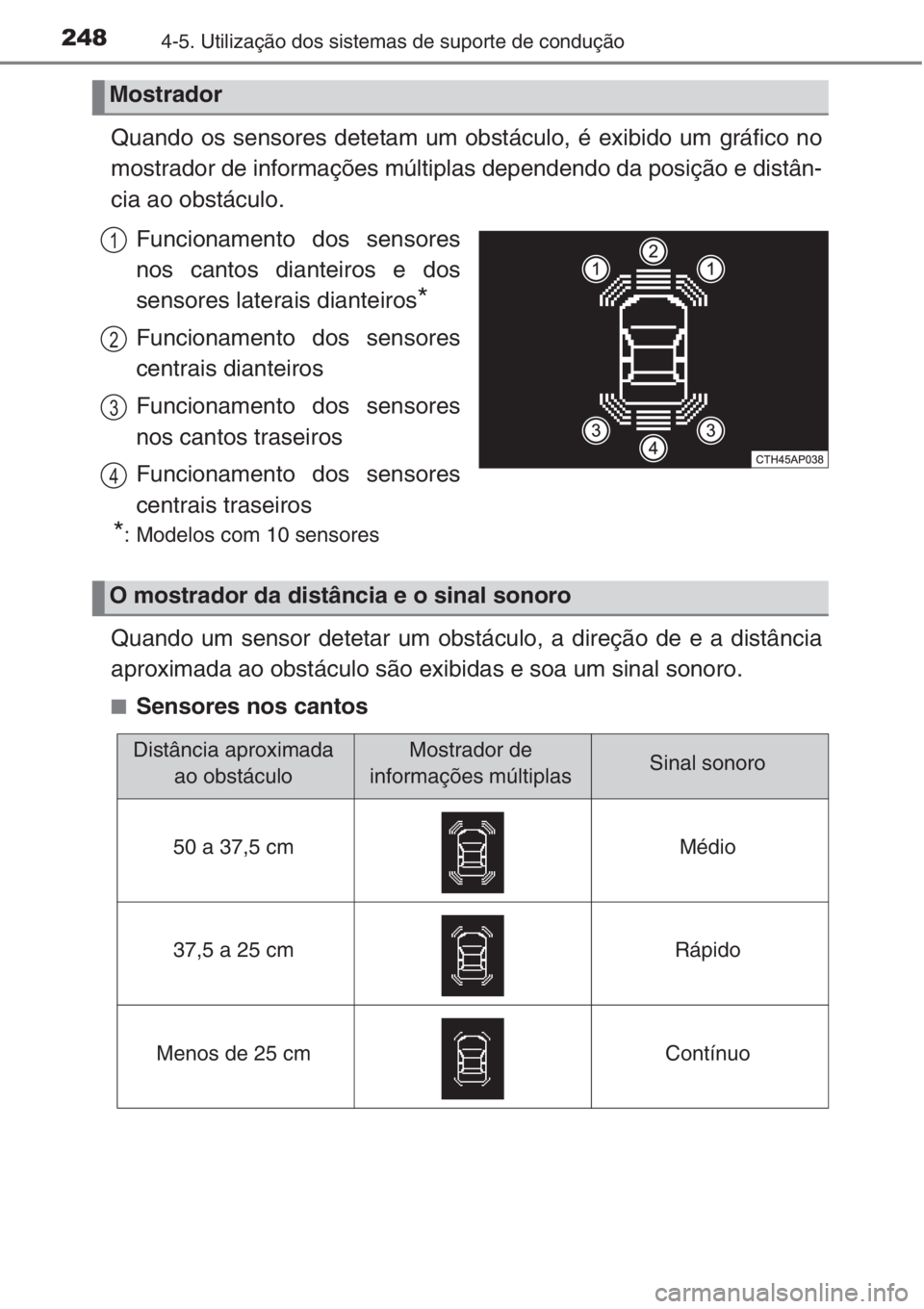 TOYOTA COROLLA 2015 Manual de utilização (in Portuguese) 2484-5. Utilização dos sistemas de suporte de condução
Quando os sensores detetam um obstáculo, é exibido um gráfico no
mostrador de informações múltiplas dependendo da posição e distân-
TOYOTA COROLLA 2015 Manual de utilização (in Portuguese) 2484-5. Utilização dos sistemas de suporte de condução
Quando os sensores detetam um obstáculo, é exibido um gráfico no
mostrador de informações múltiplas dependendo da posição e distân-