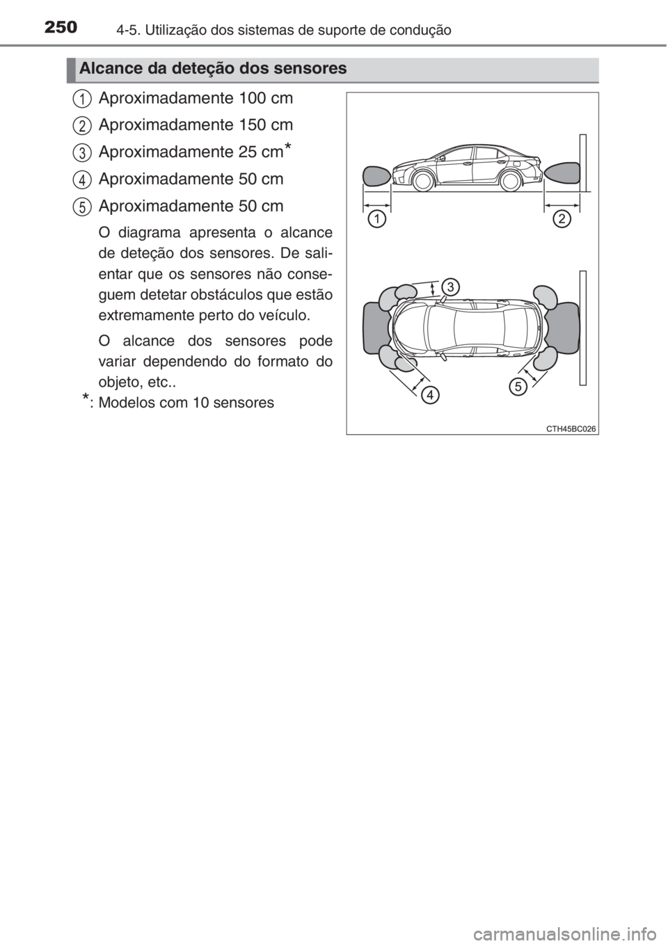 TOYOTA COROLLA 2015 Manual de utilização (in Portuguese) 2504-5. Utilização dos sistemas de suporte de condução
Aproximadamente 100 cm
Aproximadamente 150 cm
Aproximadamente 25 cm
*
Aproximadamente 50 cm
Aproximadamente 50 cm
O diagrama apresenta o alca TOYOTA COROLLA 2015 Manual de utilização (in Portuguese) 2504-5. Utilização dos sistemas de suporte de condução
Aproximadamente 100 cm
Aproximadamente 150 cm
Aproximadamente 25 cm
*
Aproximadamente 50 cm
Aproximadamente 50 cm
O diagrama apresenta o alca