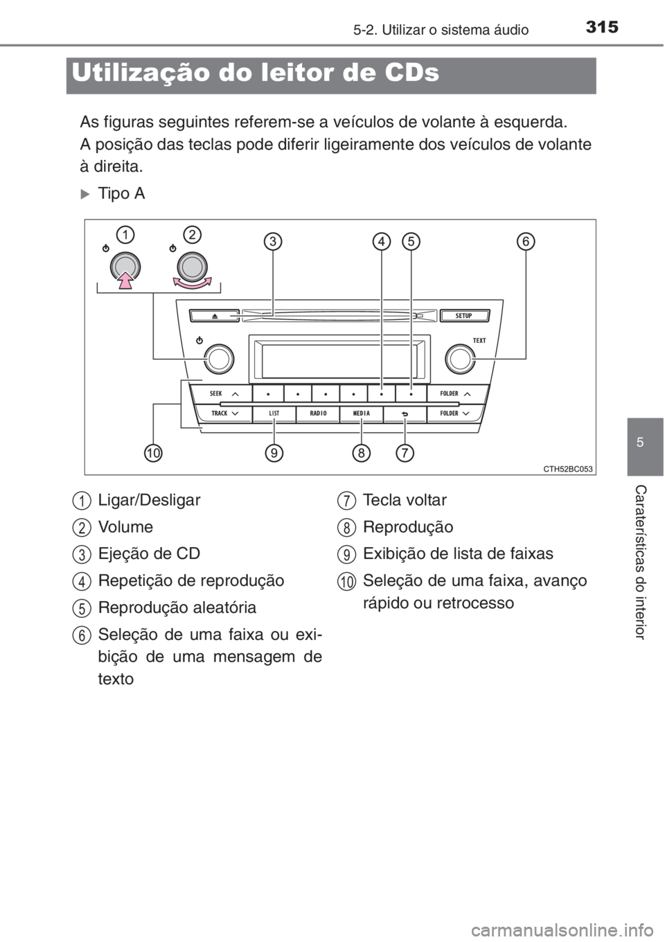 TOYOTA COROLLA 2015  Manual de utilização (in Portuguese) 3155-2. Utilizar o sistema áudio
5
Caraterísticas do interior
As figuras seguintes referem-se a veículos de volante à esquerda.
A posição das teclas pode diferir ligeiramente dos veículos de vo