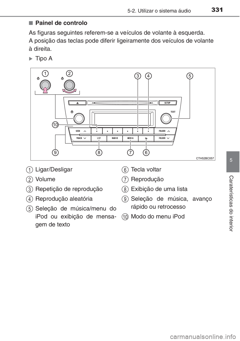 TOYOTA COROLLA 2015  Manual de utilização (in Portuguese) 3315-2. Utilizar o sistema áudio
5
Caraterísticas do interior
■Painel de controlo
As figuras seguintes referem-se a veículos de volante à esquerda.
A posição das teclas pode diferir ligeiramen