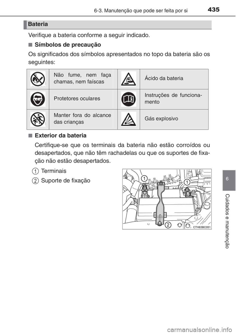 TOYOTA COROLLA 2015 Manual de utilização (in Portuguese) 4356-3. Manutenção que pode ser feita por si
6
Cuidados e manutenção
Verifique a bateria conforme a seguir indicado.
■Símbolos de precaução
Os significados dos símbolos apresentados no topo TOYOTA COROLLA 2015 Manual de utilização (in Portuguese) 4356-3. Manutenção que pode ser feita por si
6
Cuidados e manutenção
Verifique a bateria conforme a seguir indicado.
■Símbolos de precaução
Os significados dos símbolos apresentados no topo