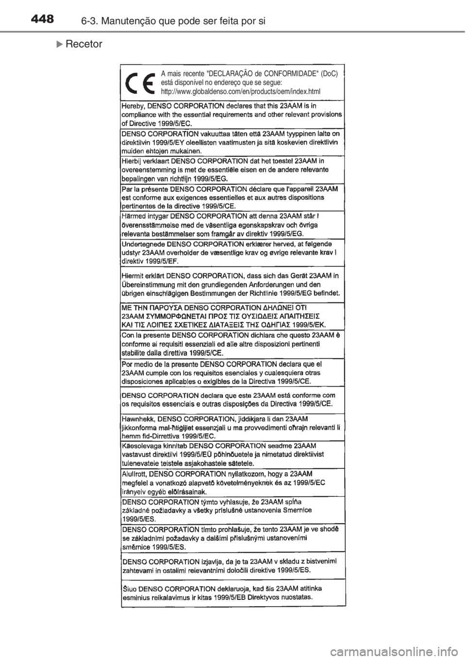 TOYOTA COROLLA 2015  Manual de utilização (in Portuguese) 4486-3. Manutenção que pode ser feita por si
�XRecetor
A mais recente "DECLARAÇÃO de CONFORMIDADE" (DoC)
está disponível no endereço que se segue:
http://www.globaldenso.com/en/products