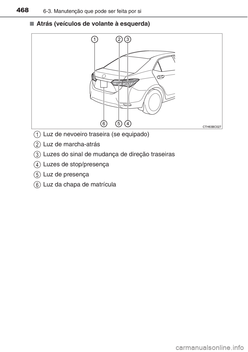 TOYOTA COROLLA 2015  Manual de utilização (in Portuguese) 4686-3. Manutenção que pode ser feita por si
■Atrás (veículos de volante à esquerda)
Luz de nevoeiro traseira (se equipado)
Luz de marcha-atrás
Luzes do sinal de mudança de direção traseira