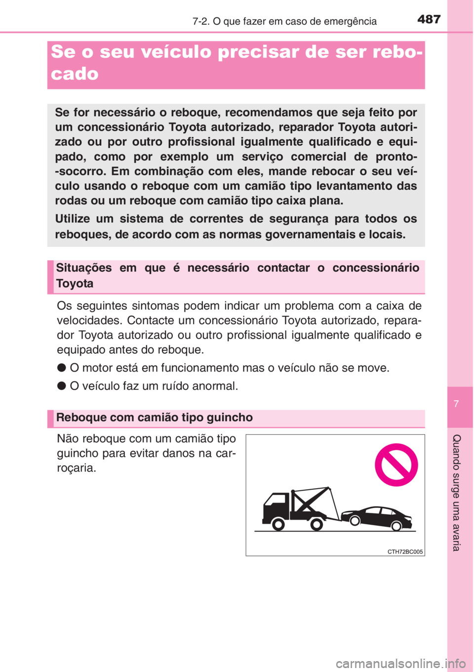 TOYOTA COROLLA 2015 Manual de utilização (in Portuguese) 7
Quando surge uma avaria
4877-2. O que fazer em caso de emergência
Os seguintes sintomas podem indicar um problema com a caixa de
velocidades. Contacte um concessionário Toyota autorizado, repara-
TOYOTA COROLLA 2015 Manual de utilização (in Portuguese) 7
Quando surge uma avaria
4877-2. O que fazer em caso de emergência
Os seguintes sintomas podem indicar um problema com a caixa de
velocidades. Contacte um concessionário Toyota autorizado, repara-
