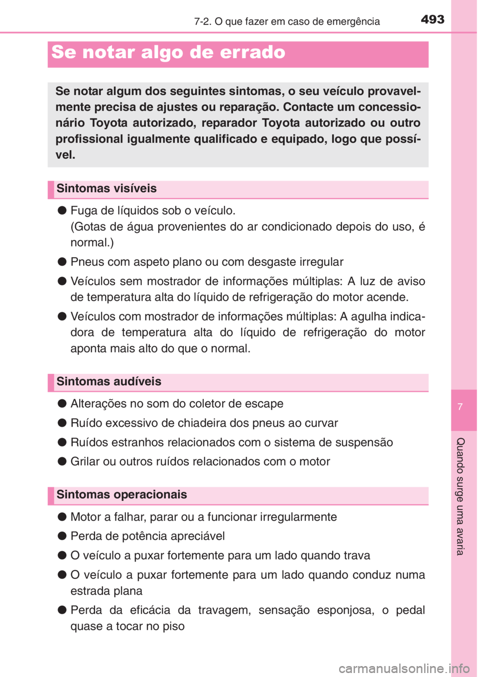 TOYOTA COROLLA 2015 Manual de utilização (in Portuguese) 4937-2. O que fazer em caso de emergência
7
Quando surge uma avaria
●Fuga de líquidos sob o veículo.
(Gotas de água provenientes do ar condicionado depois do uso, é
normal.)
●Pneus com aspeto TOYOTA COROLLA 2015 Manual de utilização (in Portuguese) 4937-2. O que fazer em caso de emergência
7
Quando surge uma avaria
●Fuga de líquidos sob o veículo.
(Gotas de água provenientes do ar condicionado depois do uso, é
normal.)
●Pneus com aspeto