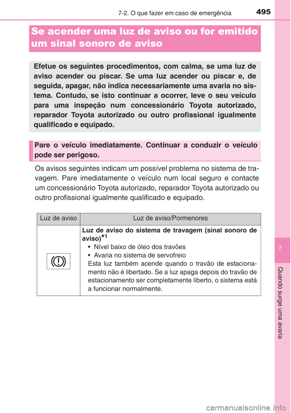 TOYOTA COROLLA 2015  Manual de utilização (in Portuguese) 4957-2. O que fazer em caso de emergência
7
Quando surge uma avaria
Os avisos seguintes indicam um possível problema no sistema de tra-
vagem. Pare imediatamente o veículo num local seguro e contac