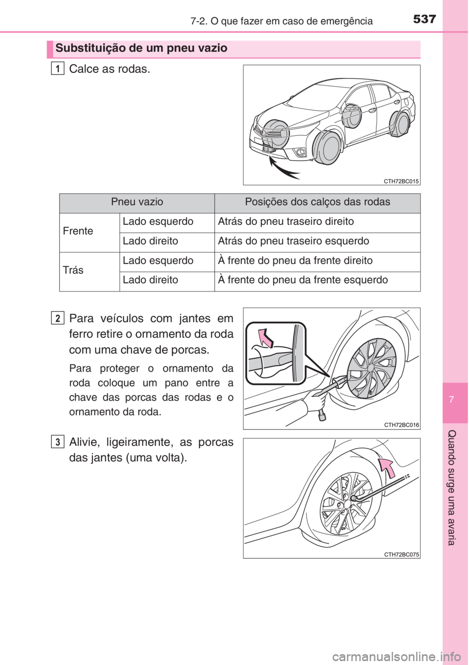 TOYOTA COROLLA 2015  Manual de utilização (in Portuguese) 5377-2. O que fazer em caso de emergência
7
Quando surge uma avaria
Calce as rodas.
Para veículos com jantes em
ferro retire o ornamento da roda
com uma chave de porcas.
Para proteger o ornamento da