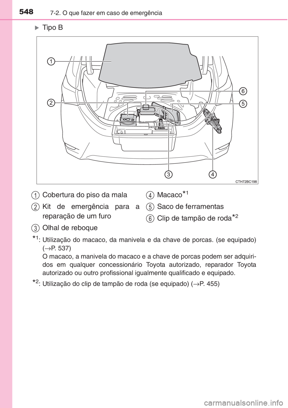 TOYOTA COROLLA 2015  Manual de utilização (in Portuguese) 5487-2. O que fazer em caso de emergência
�XTipo B
*1: Utilização do macaco, da manivela e da chave de porcas. (se equipado)
(→P. 537) 
O macaco, a manivela do macaco e a chave de porcas podem se
