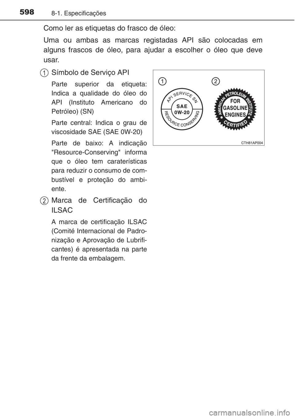TOYOTA COROLLA 2015  Manual de utilização (in Portuguese) 5988-1. Especificações
Como ler as etiquetas do frasco de óleo:
Uma ou ambas as marcas registadas API são colocadas em
alguns frascos de óleo, para ajudar a escolher o óleo que deve
usar.
Símbo