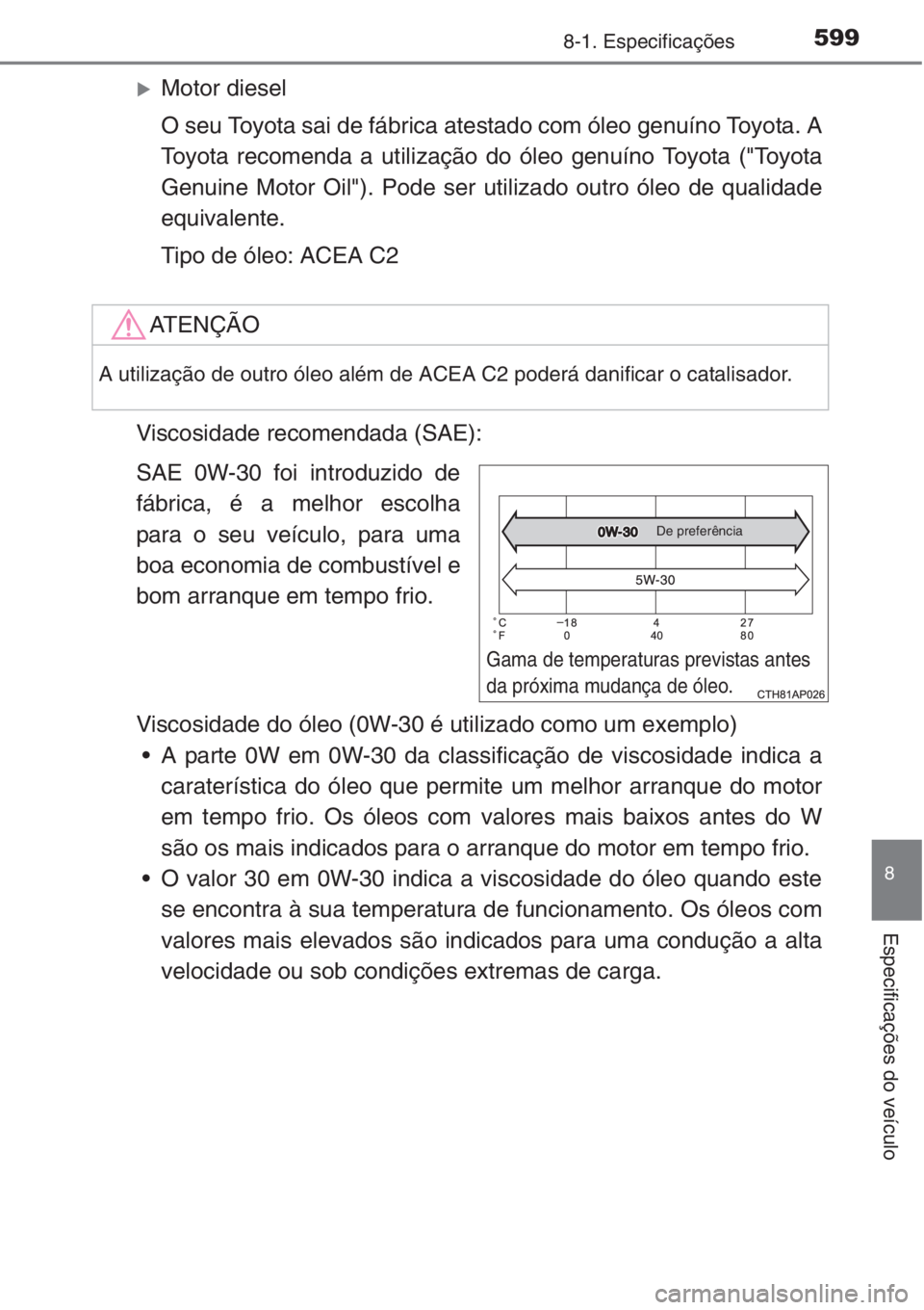 TOYOTA COROLLA 2015  Manual de utilização (in Portuguese) 5998-1. Especificações
8
Especificações do veículo
�XMotor diesel
O seu Toyota sai de fábrica atestado com óleo genuíno Toyota. A
Toyota recomenda a utilização do óleo genuíno Toyota ("