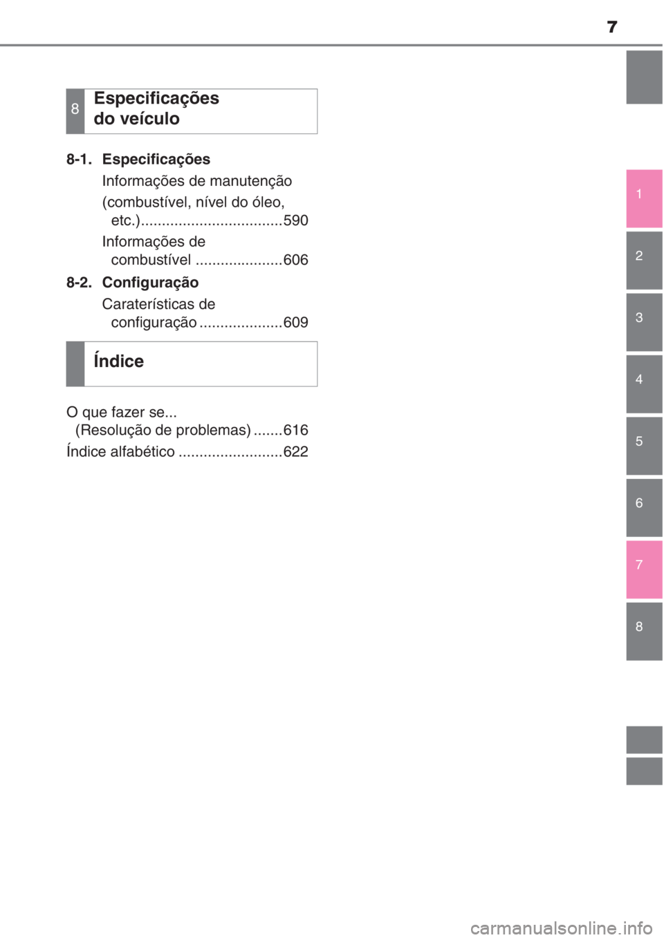 TOYOTA COROLLA 2015  Manual de utilização (in Portuguese) 7
1
8 7 6 5 4 3 2
8-1. Especificações
Informações de manutenção
(combustível, nível do óleo, 
etc.)..................................590
Informações de 
combustível .....................60