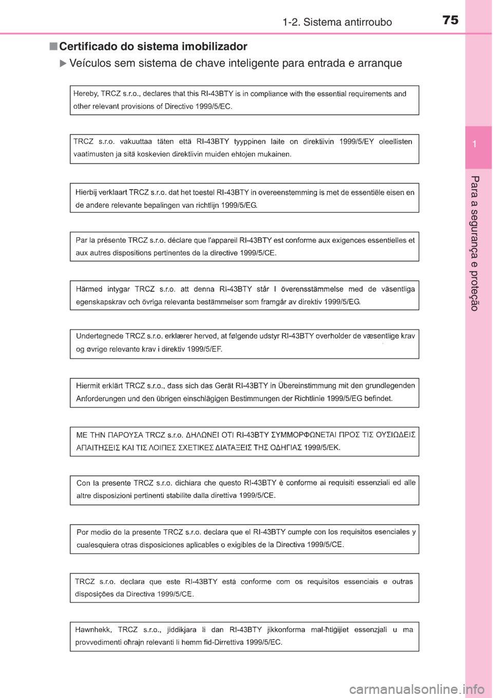 TOYOTA COROLLA 2015  Manual de utilização (in Portuguese) 751-2. Sistema antirroubo
1
Para a segurança e proteção
■Certificado do sistema imobilizador
�XVeículos sem sistema de chave inteligente para entrada e arranque 