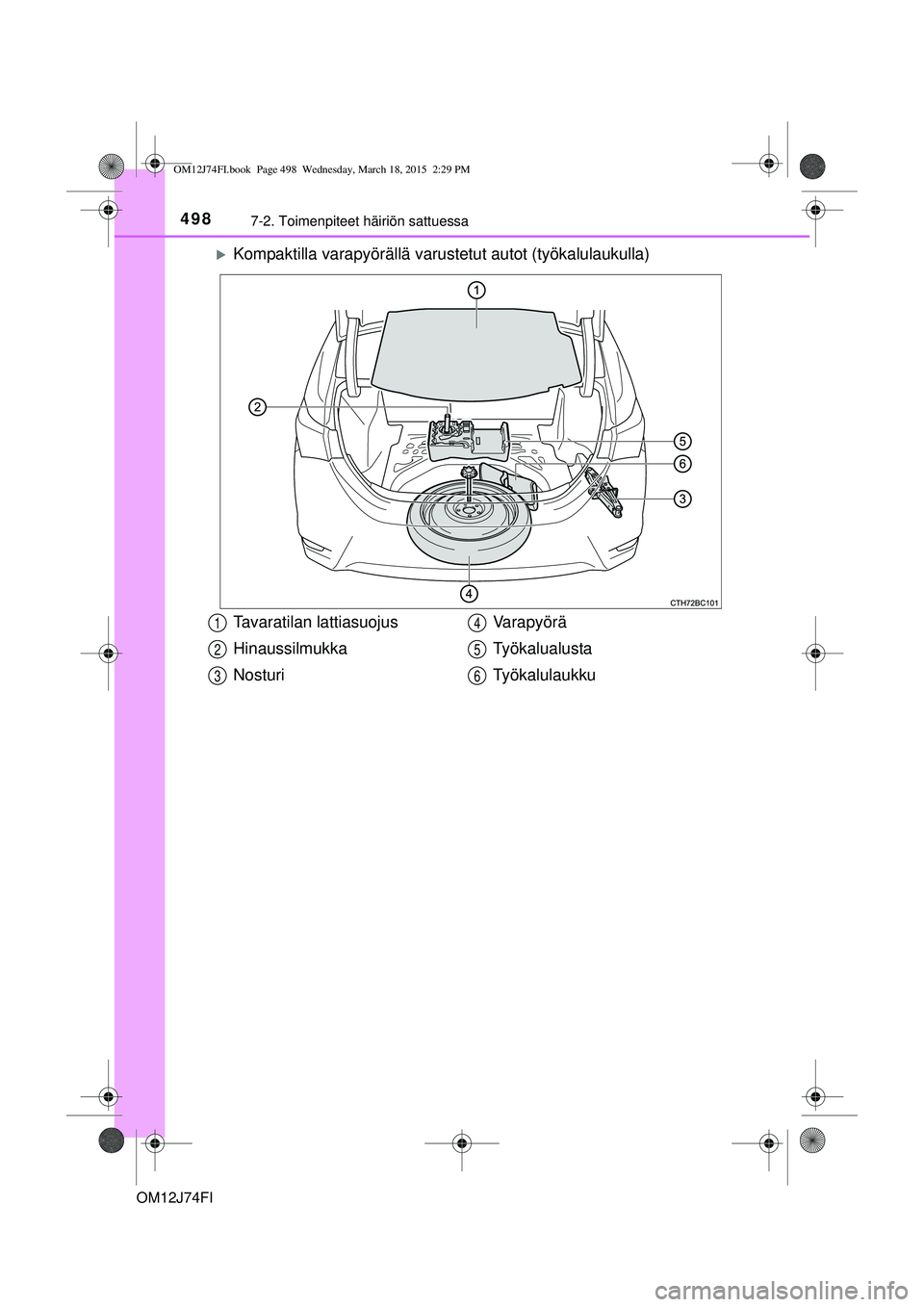 TOYOTA COROLLA 2015 Omistajan Käsikirja (in Finnish) 4987-2. Toimenpiteet häiriön sattuessa
OM12J74FI
Kompaktilla varapyörällä varustetut autot (työkalulaukulla)
Tavaratilan lattiasuojus
Hinaussilmukka
Nosturi Va r a p y ö r ä
Työkalualusta
TOYOTA COROLLA 2015 Omistajan Käsikirja (in Finnish) 4987-2. Toimenpiteet häiriön sattuessa
OM12J74FI
Kompaktilla varapyörällä varustetut autot (työkalulaukulla)
Tavaratilan lattiasuojus
Hinaussilmukka
Nosturi Va r a p y ö r ä
Työkalualusta
