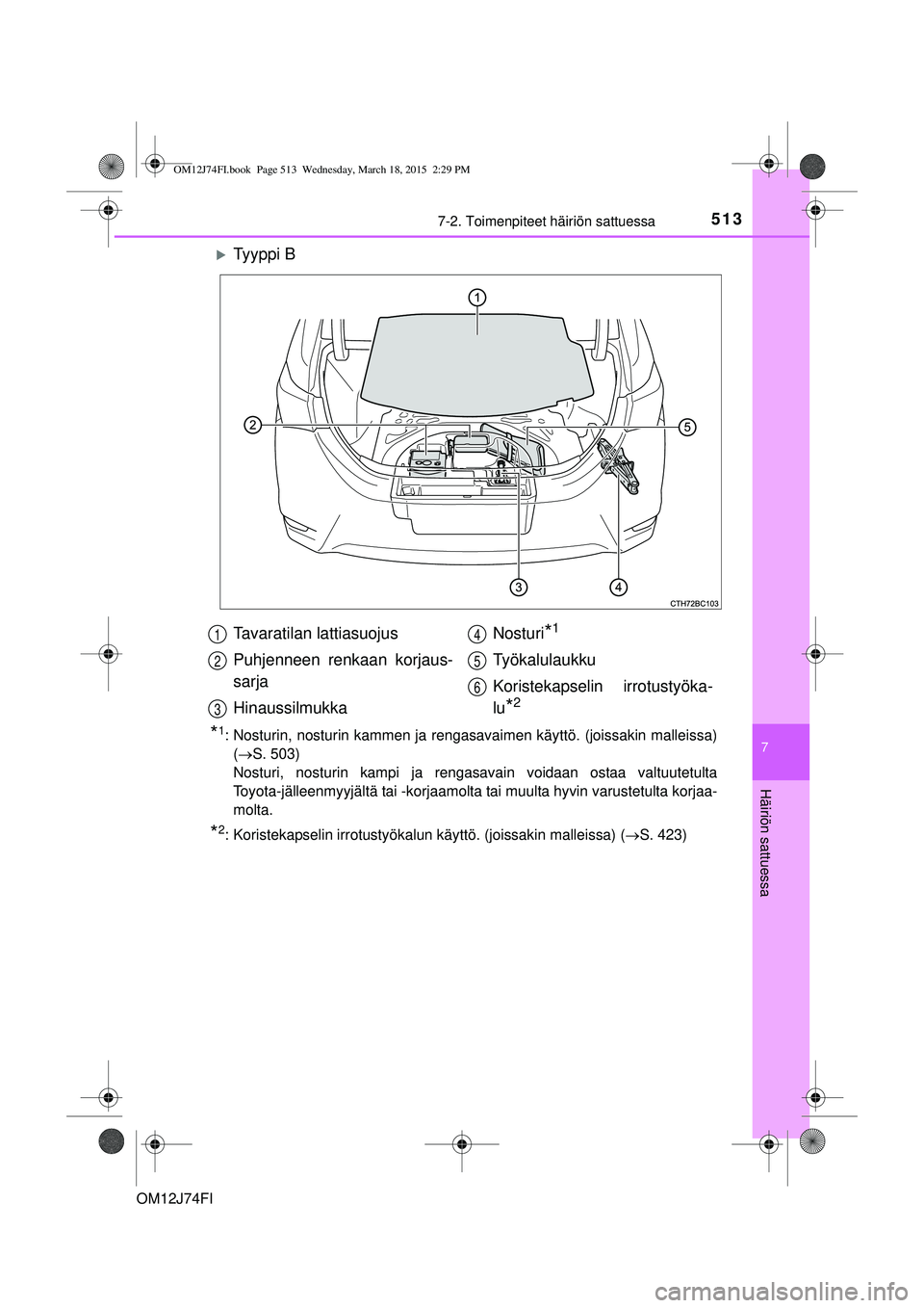 TOYOTA COROLLA 2015  Omistajan Käsikirja (in Finnish) 5137-2. Toimenpiteet häiriön sattuessa
OM12J74FI
7
Häiriön sattuessa
Ty y p p i  B
*1: Nosturin, nosturin kammen ja rengasavaimen käyttö. (joissakin malleissa)(S. 503) 
Nosturi, nosturin k