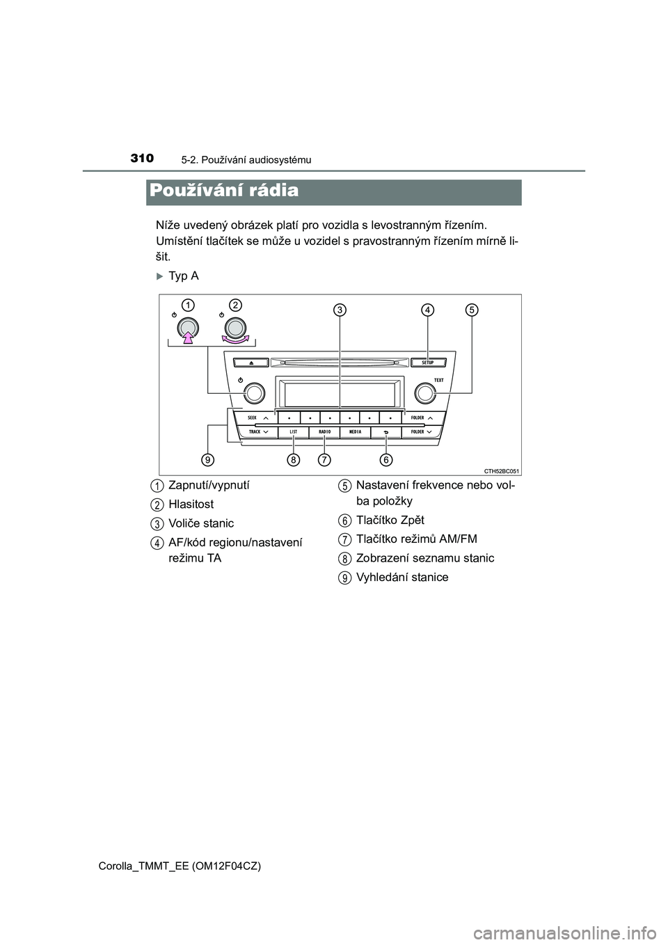 TOYOTA COROLLA 2015  Návod na použití (in Czech) 3105-2. Používání audiosystému
Corolla_TMMT_EE (OM12F04CZ)
Níže uvedený obrázek platí pro vozidla s levostranným řízením. 
Umístění tlačítek se může u vozidel s pravostranným ř
