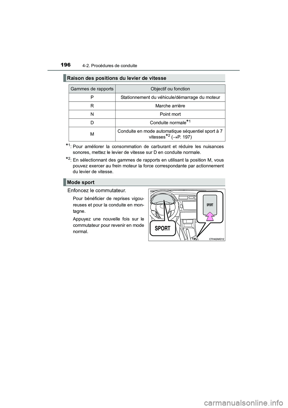 TOYOTA COROLLA 2014 Manuel du propriétaire (in French) 1964-2. Procédures de conduite
COROLLA_TMMMS_TMMC_D (OM12F00D)
*1: Pour améliorer la consommation de carburant et réduire les nuisances
sonores, mettez le levier de vitesse sur D en conduite normal TOYOTA COROLLA 2014 Manuel du propriétaire (in French) 1964-2. Procédures de conduite
COROLLA_TMMMS_TMMC_D (OM12F00D)
*1: Pour améliorer la consommation de carburant et réduire les nuisances
sonores, mettez le levier de vitesse sur D en conduite normal