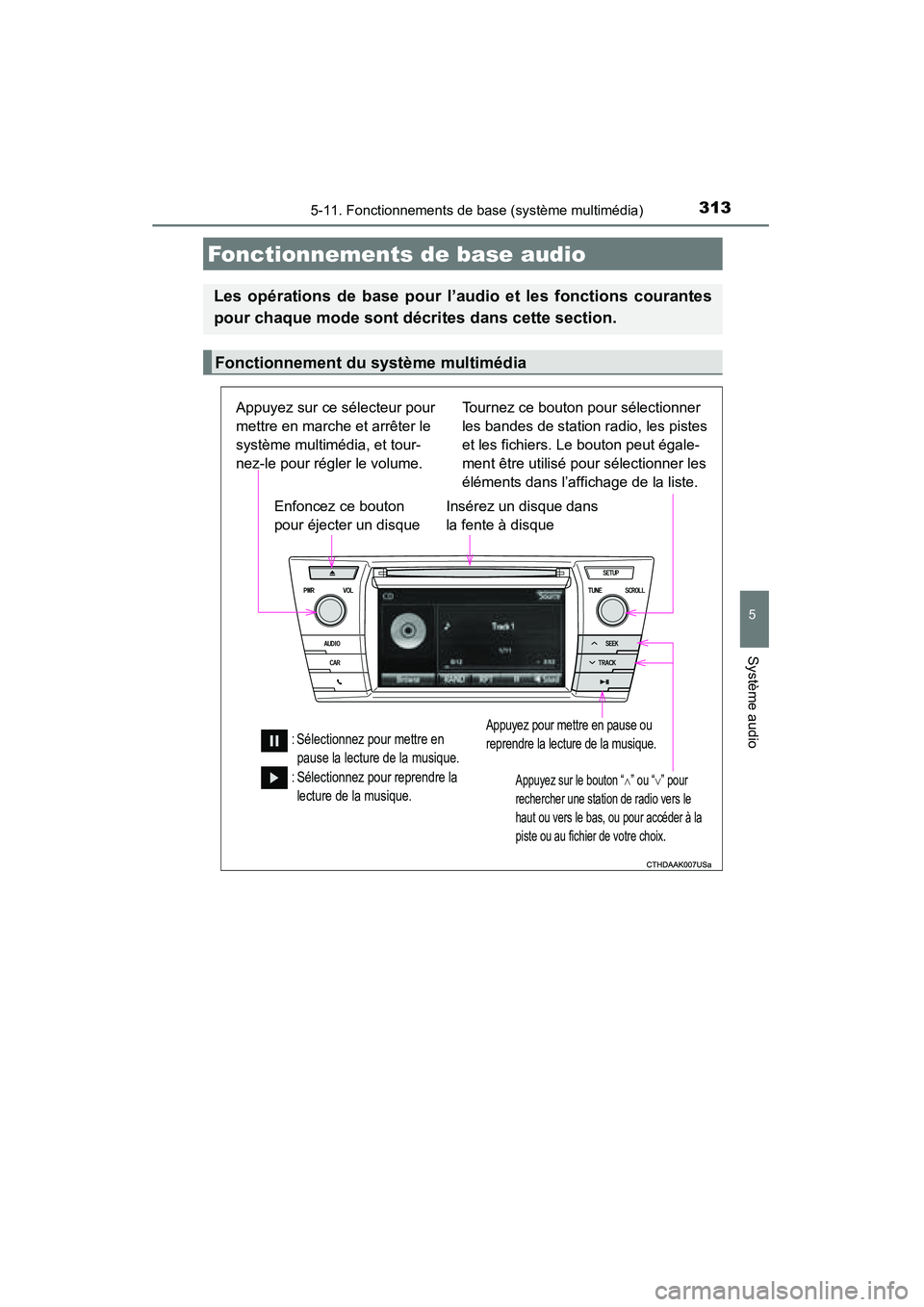 TOYOTA COROLLA 2014 Manuel du propriétaire (in French) 3135-11. Fonctionnements de base (système multimédia)
5
Système audio
COROLLA_TMMMS_TMMC_D (OM12F00D)
Fonctionnements de base audio
Les opérations de base pour l’audio et les fonctions courantes TOYOTA COROLLA 2014 Manuel du propriétaire (in French) 3135-11. Fonctionnements de base (système multimédia)
5
Système audio
COROLLA_TMMMS_TMMC_D (OM12F00D)
Fonctionnements de base audio
Les opérations de base pour l’audio et les fonctions courantes