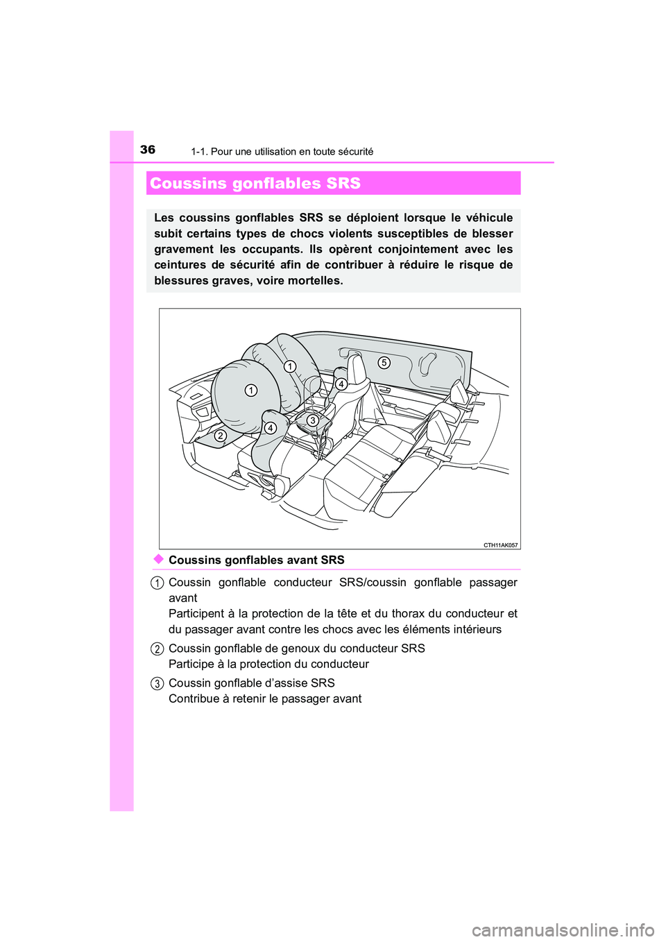TOYOTA COROLLA 2014 Manuel du propriétaire (in French) 361-1. Pour une utilisation en toute sécurité
COROLLA_TMMMS_TMMC_D (OM12F00D)
◆Coussins gonflables avant SRS
Coussin gonflable conducteur SRS/coussin gonflable passager
avant
Participent à la pro TOYOTA COROLLA 2014 Manuel du propriétaire (in French) 361-1. Pour une utilisation en toute sécurité
COROLLA_TMMMS_TMMC_D (OM12F00D)
◆Coussins gonflables avant SRS
Coussin gonflable conducteur SRS/coussin gonflable passager
avant
Participent à la pro