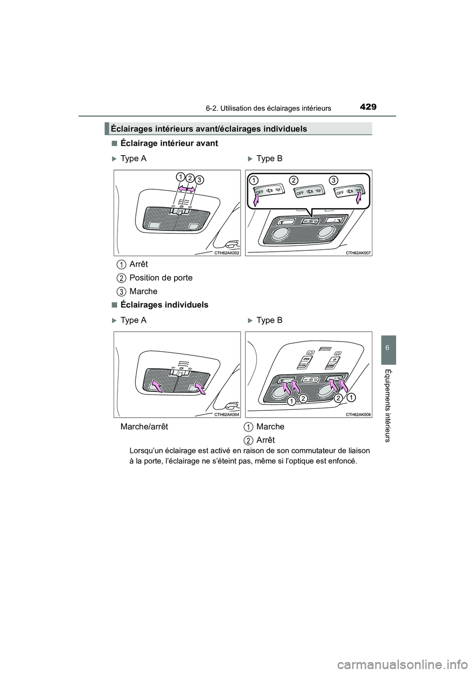 TOYOTA COROLLA 2014  Manuel du propriétaire (in French) 4296-2. Utilisation des éclairages intérieurs
6
Équipements intérieurs
COROLLA_TMMMS_TMMC_D (OM12F00D)■
Éclairage intérieur avant
Arrêt
Position de porte
Marche
■Éclairages individuels
Lor