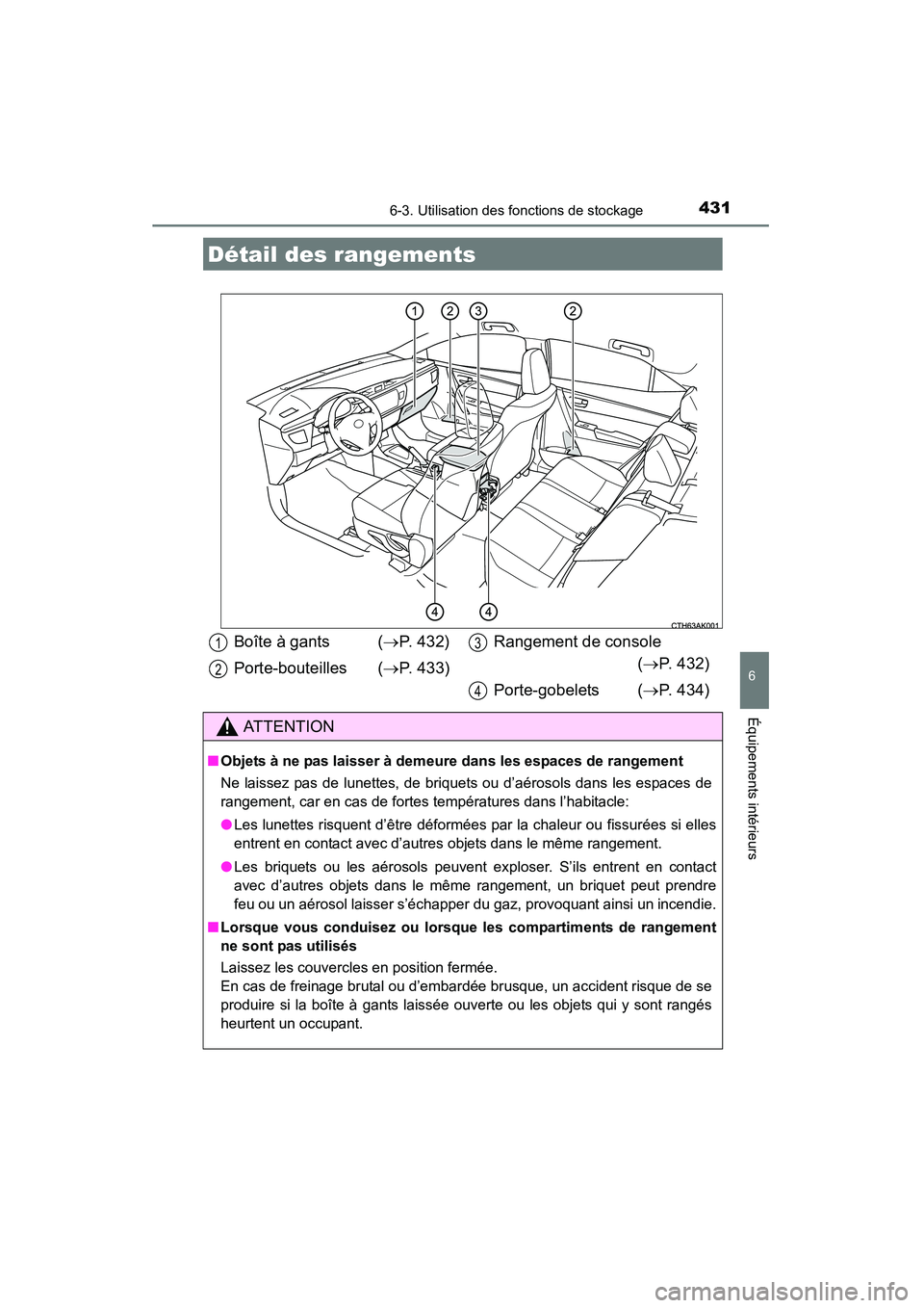 TOYOTA COROLLA 2014  Manuel du propriétaire (in French) 431
6
Équipements intérieurs
COROLLA_TMMMS_TMMC_D (OM12F00D)
6-3. Utilisation des fonctions de stockage
Détail des rangements
Boîte à gants  (→P. 432)
Porte-bouteilles ( →P. 433) Rangement de