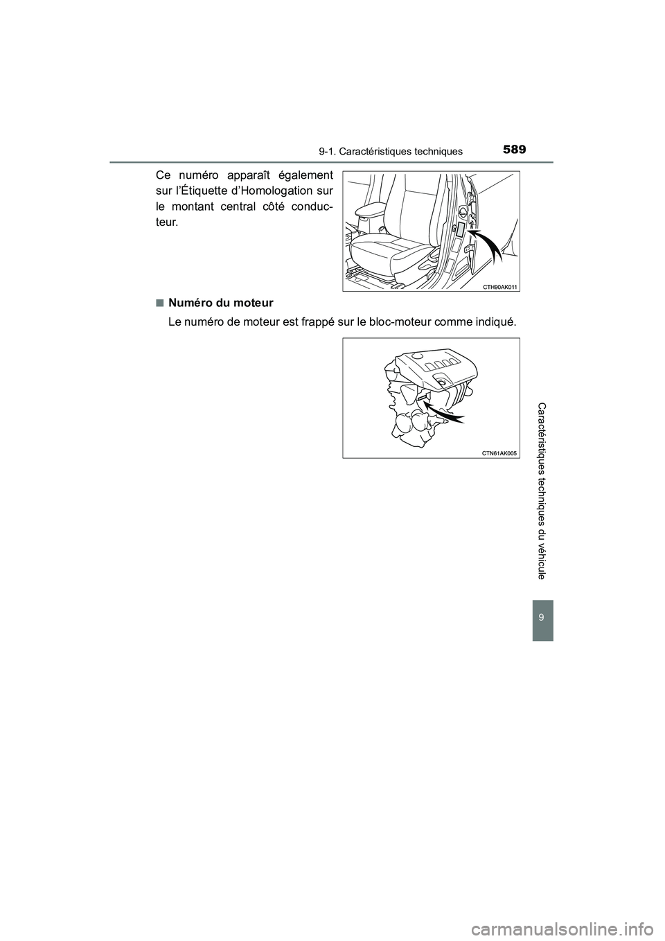 TOYOTA COROLLA 2014  Manuel du propriétaire (in French) 5899-1. Caractéristiques techniques
9
Caractéristiques techniques du véhicule
COROLLA_TMMMS_TMMC_D (OM12F00D)
Ce numéro apparaît également
sur l’Étiquette d’Homologation sur
le montant cent