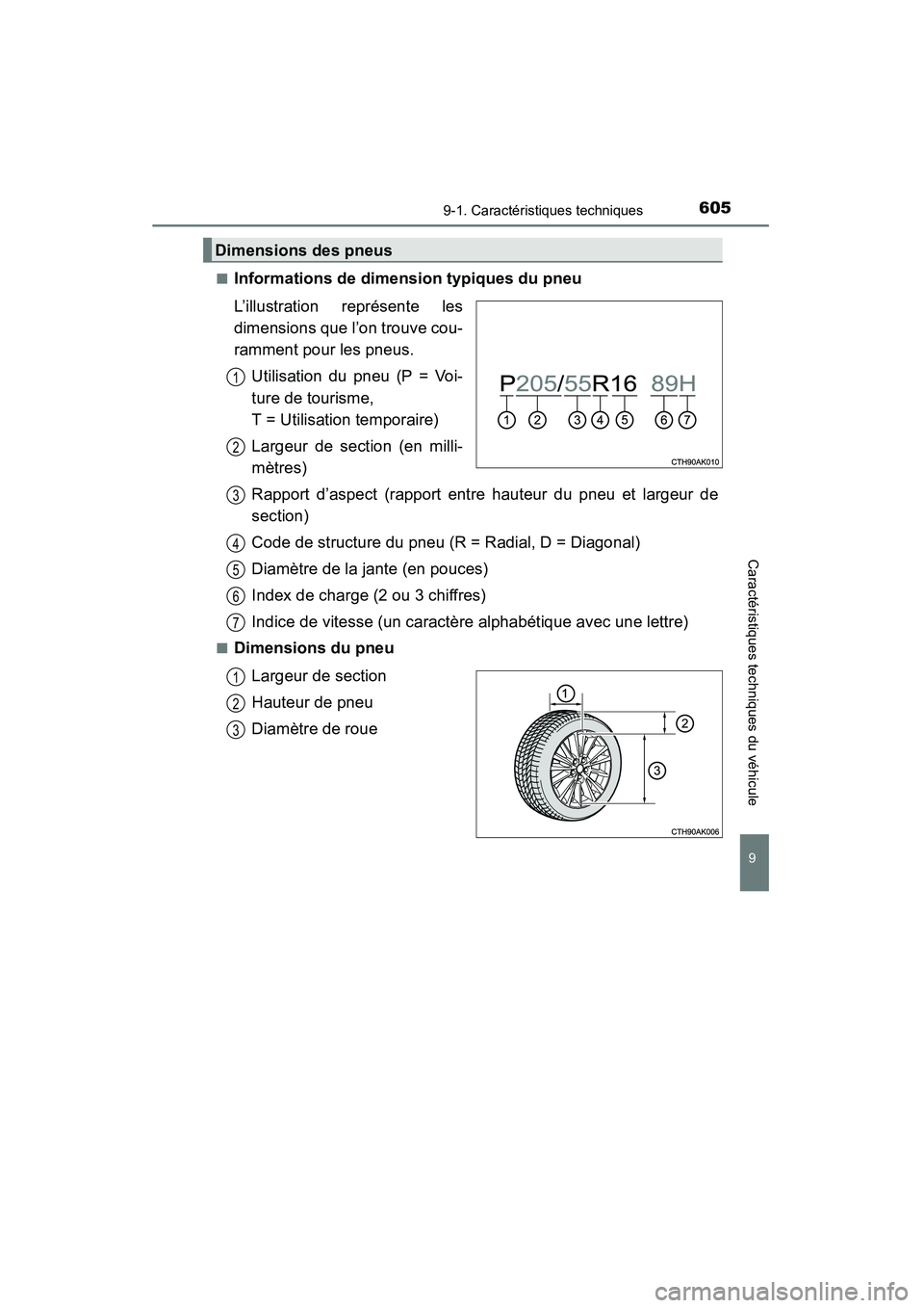 TOYOTA COROLLA 2014  Manuel du propriétaire (in French) 6059-1. Caractéristiques techniques
9
Caractéristiques techniques du véhicule
COROLLA_TMMMS_TMMC_D (OM12F00D)■
Informations de dimension typiques du pneu
L’illustration représente les
dimensio