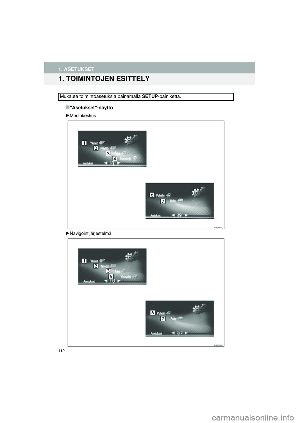 TOYOTA COROLLA 2014  Omistajan Käsikirja (in Finnish) 112
OM12J57FI
1. ASETUKSET
1. TOIMINTOJEN ESITTELY
■"Asetukset"-näyttö
�XMediakeskus
�X Navigointijärjestelmä
Mukauta toimintoasetuksia painamalla  SETUP-painiketta.
OM12J57FI.book  Page 112  Fr