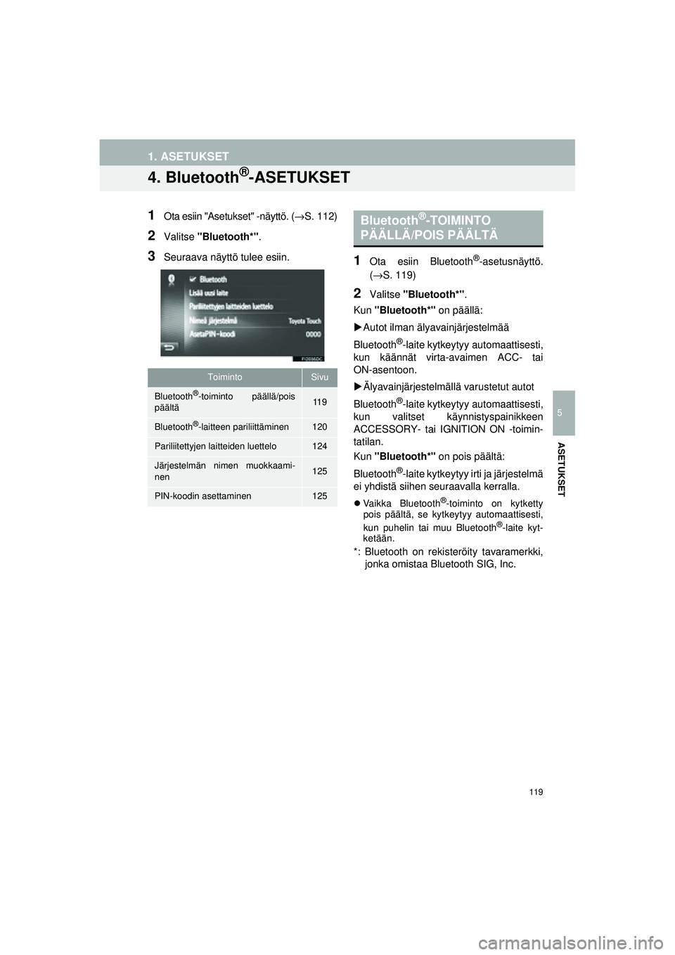 TOYOTA COROLLA 2014  Omistajan Käsikirja (in Finnish) 119
OM12J57FI
1. ASETUKSET
5
ASETUKSET
4. Bluetooth®-ASETUKSET
1Ota esiin "Asetukset" -näyttö. (→S. 112)
2Valitse "Bluetooth*" .
3Seuraava näyttö tulee esiin.1Ota esiin Bluetooth®-asetusnäytt