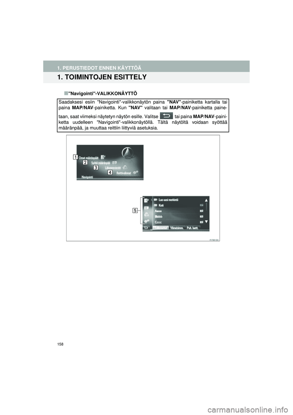 TOYOTA COROLLA 2014  Omistajan Käsikirja (in Finnish) 158
OM12J57FI
1. PERUSTIEDOT ENNEN KÄYTTÖÄ
1. TOIMINTOJEN ESITTELY
■"Navigointi"-VALIKKONÄYTTÖ
Saadaksesi esiin "Navigointi"-valikkonäytön paina  "NAV"-painiketta kartalla tai
paina  MAP/NAV 