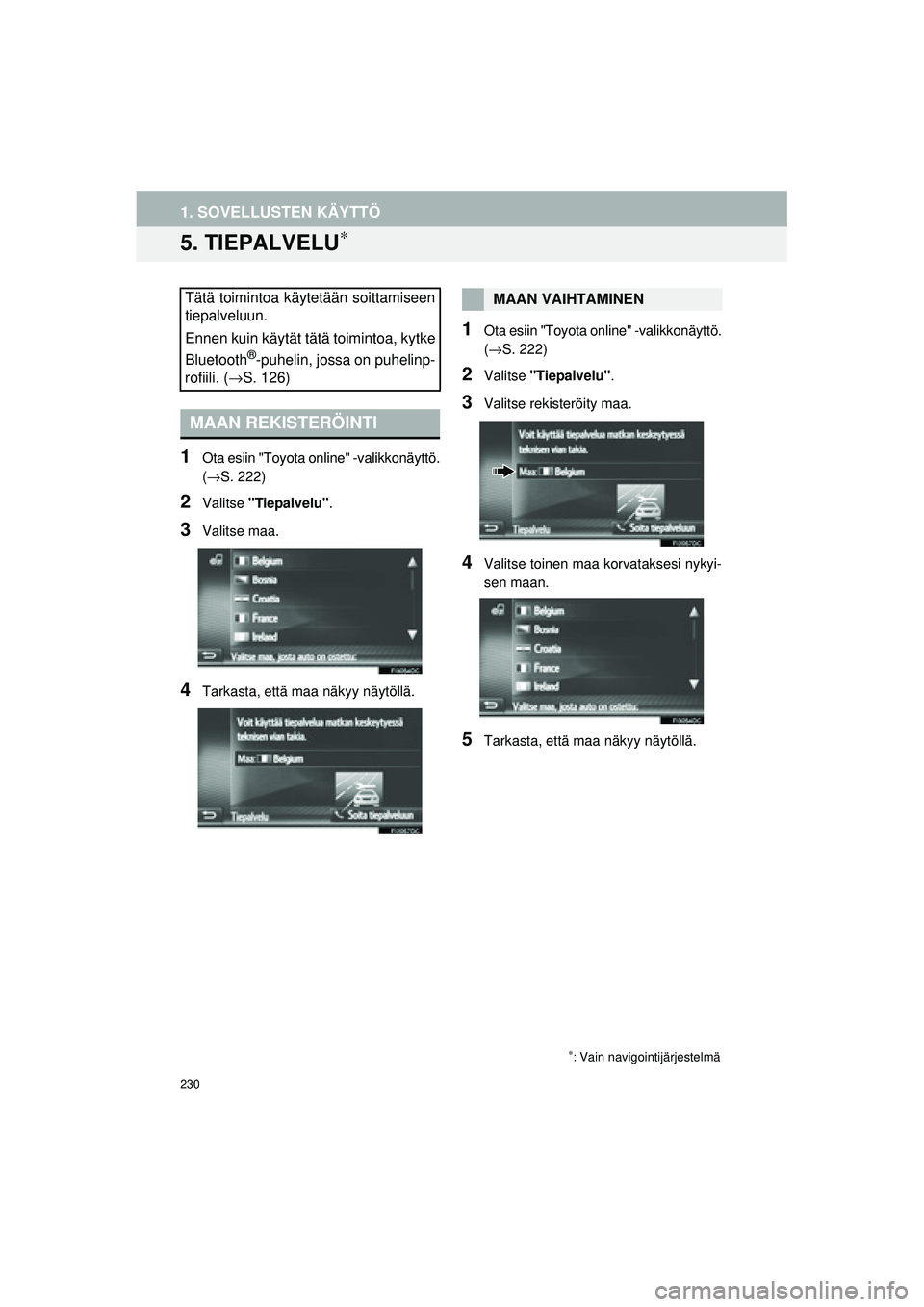 TOYOTA COROLLA 2014  Omistajan Käsikirja (in Finnish) 230
1. SOVELLUSTEN KÄYTTÖ
OM12J57FI
5. TIEPALVELU∗
1Ota esiin "Toyota online" -valikkonäyttö.
(→S. 222)
2Valitse "Tiepalvelu".
3Valitse maa.
4Tarkasta, että maa näkyy näytöllä.
1Ota esiin