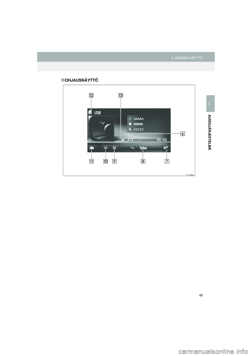 TOYOTA COROLLA 2014  Omistajan Käsikirja (in Finnish) 43
3. MEDIAN KÄYTTÖ
OM12J57FI
2
AUDIOJÄRJESTELMÄ
■OHJAUSNÄYTTÖ
OM12J57FI.book  Page 43  Friday, February 13, 2015  11:22 AM 