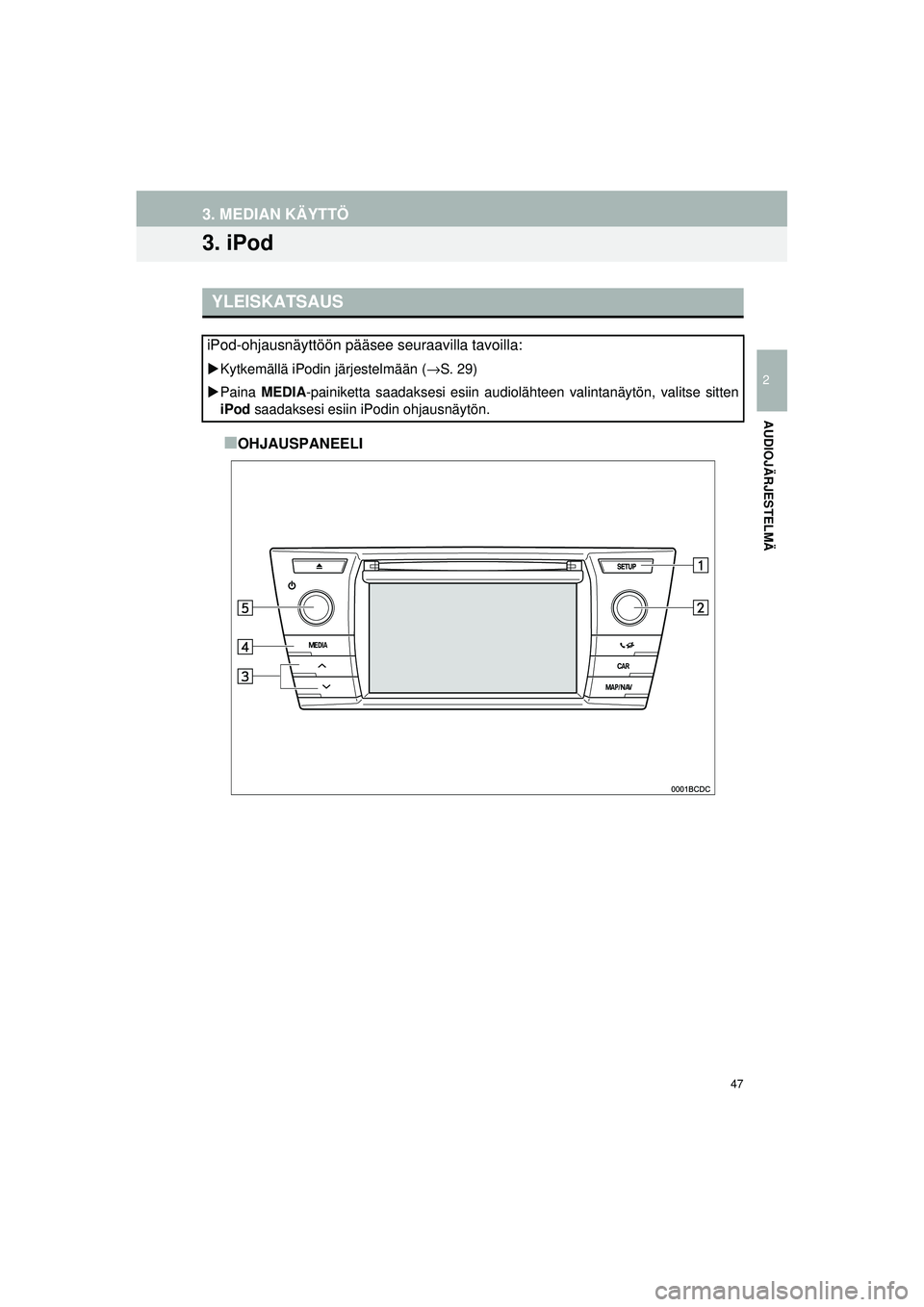 TOYOTA COROLLA 2014  Omistajan Käsikirja (in Finnish) 47
OM12J57FI
3. MEDIAN KÄYTTÖ
2
AUDIOJÄRJESTELMÄ
3. iPod
■OHJAUSPANEELI
YLEISKATSAUS
iPod-ohjausnäyttöön pääsee seuraavilla tavoilla:
�XKytkemällä iPodin järjestelmään ( →S. 29)
�X P
