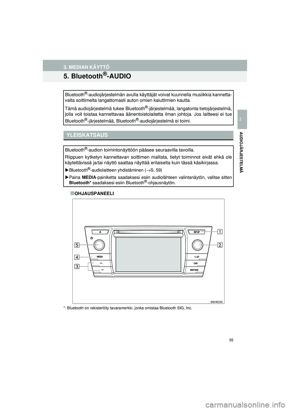 TOYOTA COROLLA 2014  Omistajan Käsikirja (in Finnish) 55
OM12J57FI
3. MEDIAN KÄYTTÖ
2
AUDIOJÄRJESTELMÄ
5. Bluetooth®-AUDIO
■OHJAUSPANEELI
*: Bluetooth on rekisteröity tavaramerkki, jonka omistaa Bluetooth SIG, Inc.
Bluetooth®-audiojärjestelmän