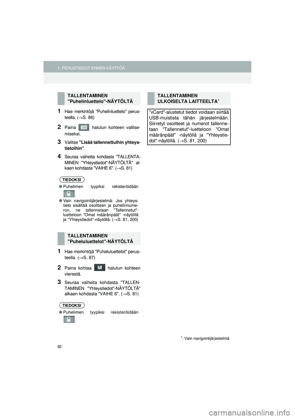 TOYOTA COROLLA 2014  Omistajan Käsikirja (in Finnish) 82
1. PERUSTIEDOT ENNEN KÄYTTÖÄ
OM12J57FI
1Hae merkintöjä "Puhelinluettelo" perus-
teella. 
(→S. 86)
2Paina   halutun kohteen valitse-
miseksi.
3Valitse "Lisää tallennettuihin yhteys-
tietoih