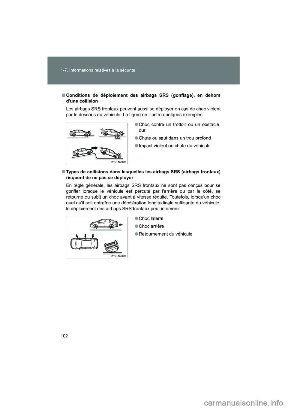 TOYOTA COROLLA 2013  Manuel du propriétaire (in French) 102 1-7. Informations relatives à la sécurité
COROLLA_D
■Conditions de déploiement des ai rbags SRS (gonflage), en dehors
dune collision
Les airbags SRS frontaux peuvent aussi se déployer en c