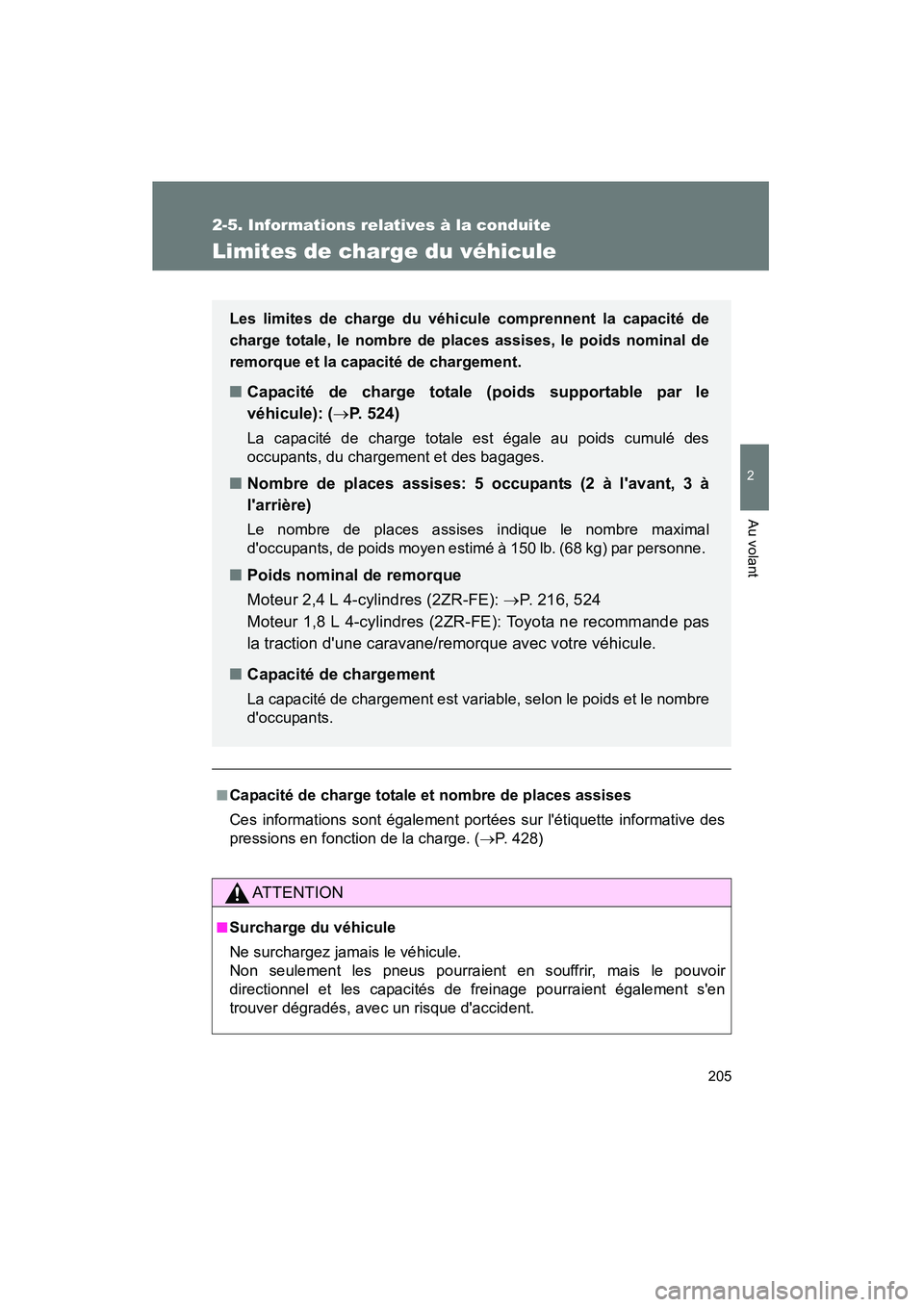 TOYOTA COROLLA 2013  Manuel du propriétaire (in French) 205
2-5. Informations relatives à la conduite
2
Au volant
COROLLA_D
Limites de charge du véhicule
■Capacité de charge totale et nombre de places assises
Ces informations sont également portées 