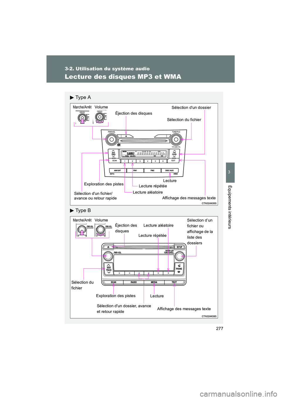 TOYOTA COROLLA 2013 Manuel du propriétaire (in French) 277
3-2. Utilisation du système audio
3
Équipements intérieurs
COROLLA_D
Lecture des disques MP3 et WMA
Ty p e A
Ty p e B
Lecture aléatoireLecture répétée
Lecture
Éjection des disques
Affich TOYOTA COROLLA 2013 Manuel du propriétaire (in French) 277
3-2. Utilisation du système audio
3
Équipements intérieurs
COROLLA_D
Lecture des disques MP3 et WMA
Ty p e A
Ty p e B
Lecture aléatoireLecture répétée
Lecture
Éjection des disques
Affich