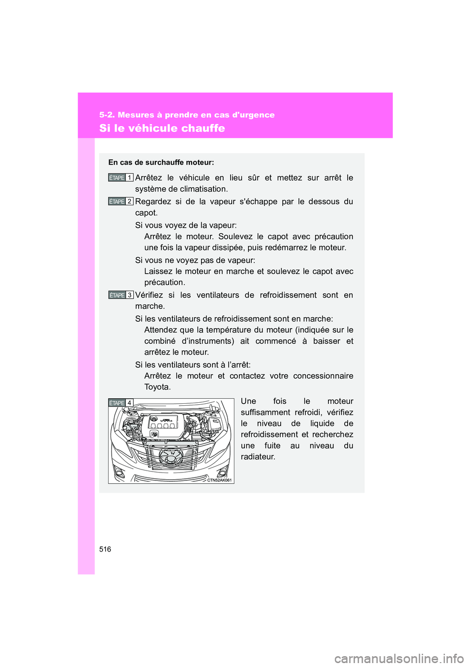 TOYOTA COROLLA 2013  Manuel du propriétaire (in French) 516
5-2. Mesures à prendre en cas durgence
COROLLA_D
Si le véhicule chauffe
En cas de surchauffe moteur:
Arrêtez le véhicule en lieu sûr et mettez sur arrêt le
système de climatisation.
Regard
