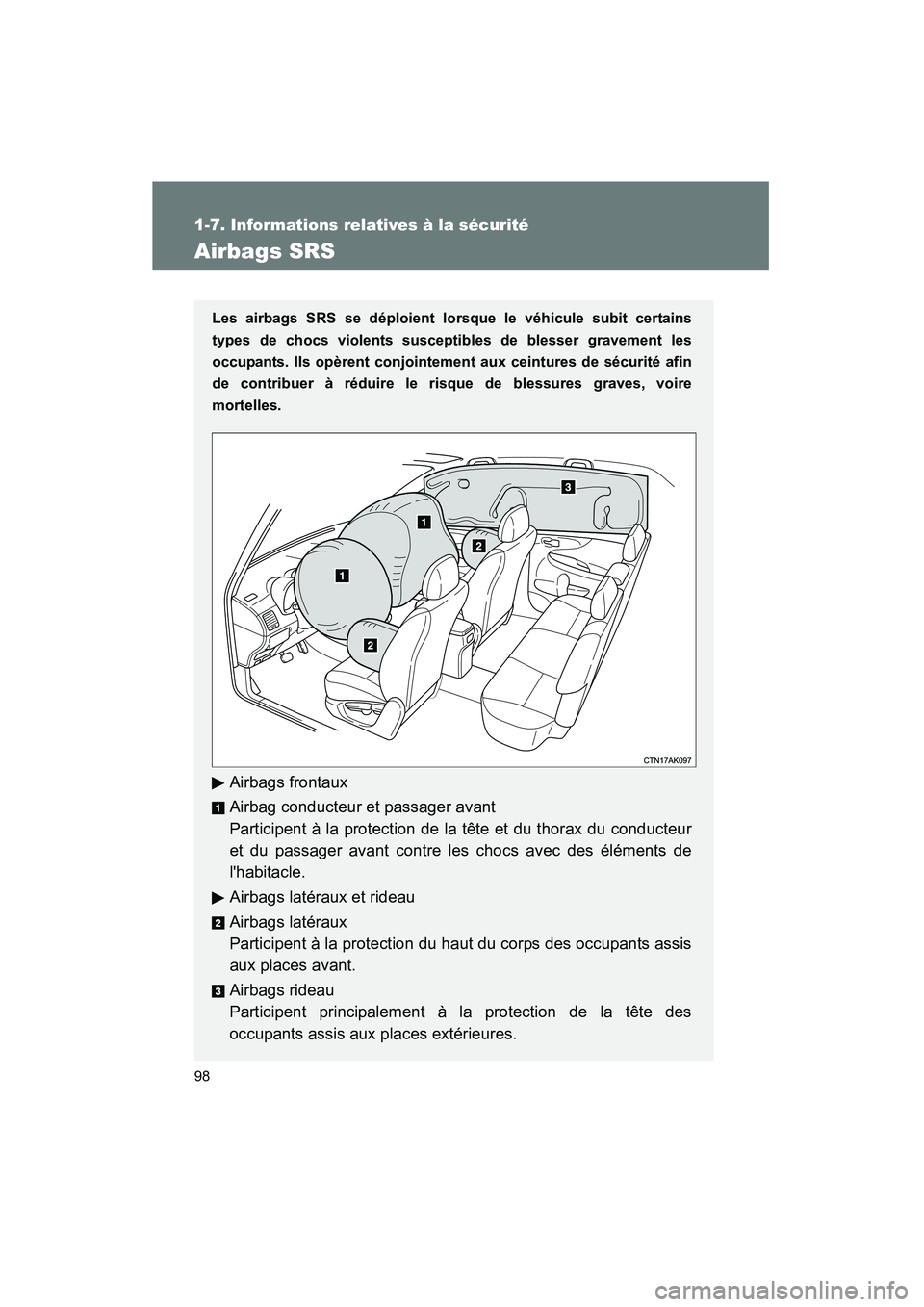 TOYOTA COROLLA 2013  Manuel du propriétaire (in French) 98
1-7. Informations relatives à la sécurité
COROLLA_D
Airbags SRS
Les airbags SRS se déploient lorsque le véhicule subit certains
types de chocs violents susceptibles de blesser gravement les
oc