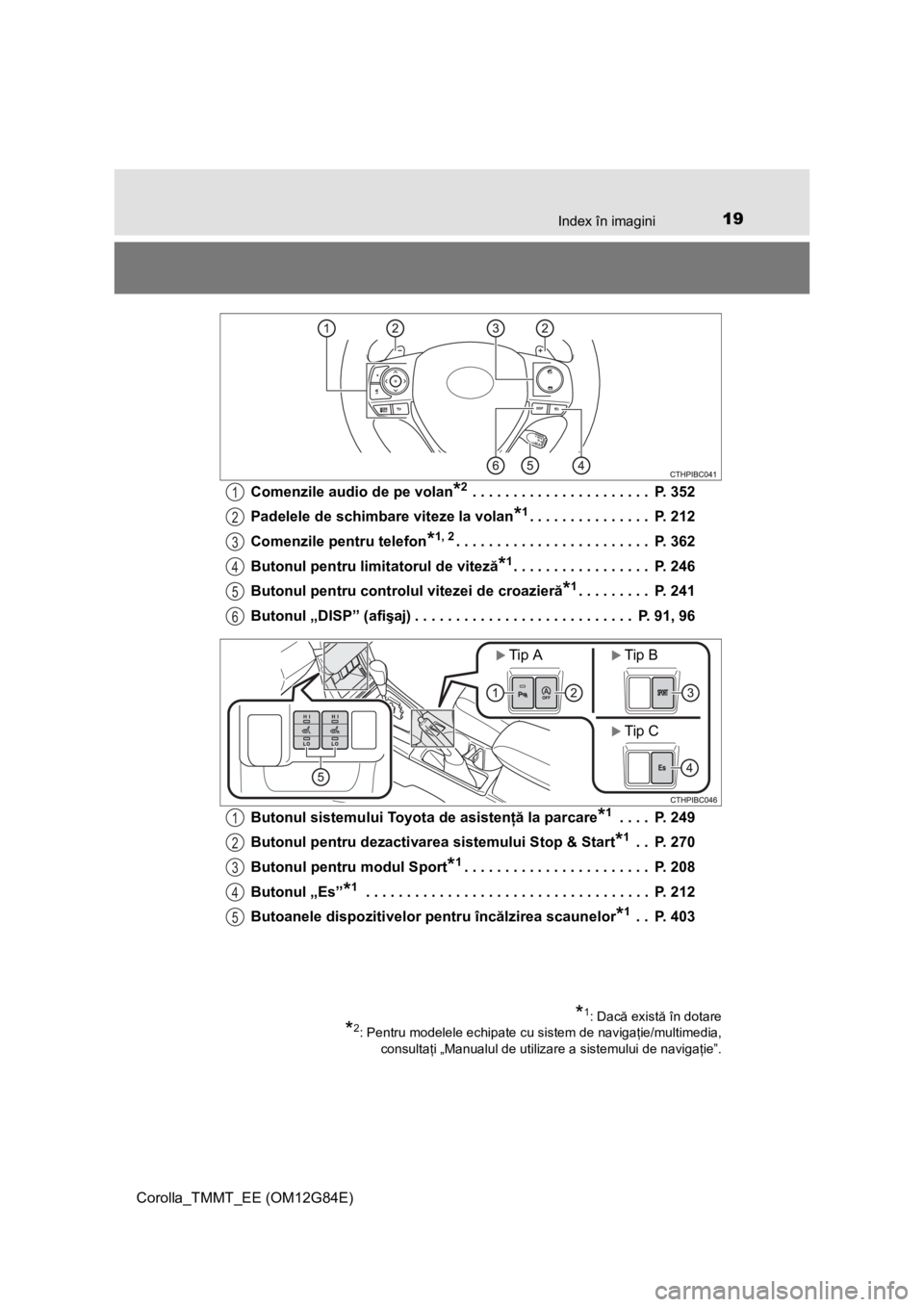 TOYOTA COROLLA 2013 Manual de utilizare (in Romanian) 19Index în imagini
Corolla_TMMT_EE (OM12G84E)Comenzile audio de pe volan
*2 . . . . . . . . . . . . . . . . . . . . . . P. 352
Padelele de schimbare viteze la volan
*1. . . . . . . . . . . . . . . TOYOTA COROLLA 2013 Manual de utilizare (in Romanian) 19Index în imagini
Corolla_TMMT_EE (OM12G84E)Comenzile audio de pe volan
*2 . . . . . . . . . . . . . . . . . . . . . . P. 352
Padelele de schimbare viteze la volan
*1. . . . . . . . . . . . . . .