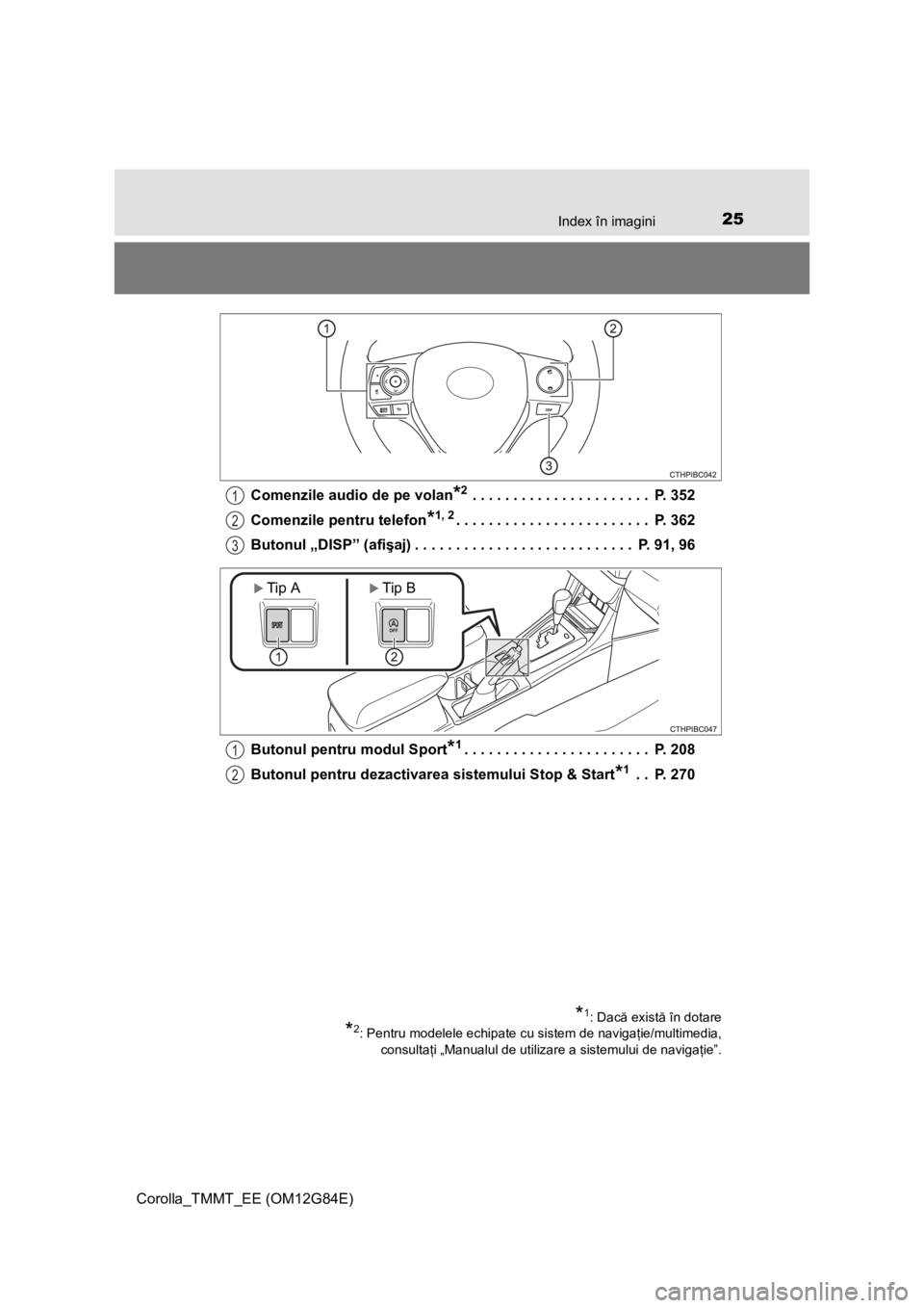 TOYOTA COROLLA 2013 Manual de utilizare (in Romanian) 25Index în imagini
Corolla_TMMT_EE (OM12G84E)Comenzile audio de pe volan
*2 . . . . . . . . . . . . . . . . . . . . . . P. 352
Comenzile pentru telefon
*1, 2. . . . . . . . . . . . . . . . . . . . . TOYOTA COROLLA 2013 Manual de utilizare (in Romanian) 25Index în imagini
Corolla_TMMT_EE (OM12G84E)Comenzile audio de pe volan
*2 . . . . . . . . . . . . . . . . . . . . . . P. 352
Comenzile pentru telefon
*1, 2. . . . . . . . . . . . . . . . . . . . .
