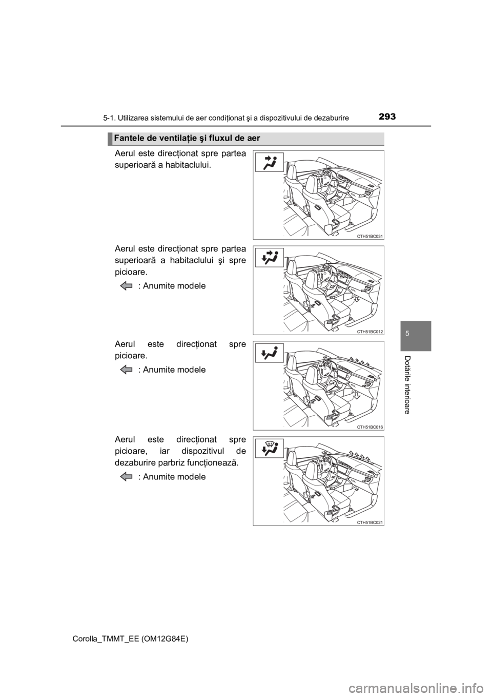 TOYOTA COROLLA 2013 Manual de utilizare (in Romanian) 2935-1. Utilizarea sistemului de aer condiţionat şi a dispozitivului de dezaburire
Corolla_TMMT_EE (OM12G84E)
5
Dotările interioare
Aerul este direcţionat spre partea
superioară a habitaclului.
A TOYOTA COROLLA 2013 Manual de utilizare (in Romanian) 2935-1. Utilizarea sistemului de aer condiţionat şi a dispozitivului de dezaburire
Corolla_TMMT_EE (OM12G84E)
5
Dotările interioare
Aerul este direcţionat spre partea
superioară a habitaclului.
A