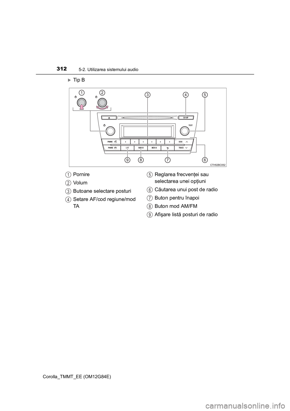 TOYOTA COROLLA 2013 Manual de utilizare (in Romanian) 3125-2. Utilizarea sistemului audio
Corolla_TMMT_EE (OM12G84E)
Tip B
Pornire
Vo l u m
Butoane selectare posturi
Setare AF/cod regiune/mod
TAReglarea frecvenţei sau
selectarea unei opţiuni
Căut TOYOTA COROLLA 2013 Manual de utilizare (in Romanian) 3125-2. Utilizarea sistemului audio
Corolla_TMMT_EE (OM12G84E)
Tip B
Pornire
Vo l u m
Butoane selectare posturi
Setare AF/cod regiune/mod
TAReglarea frecvenţei sau
selectarea unei opţiuni
Căut