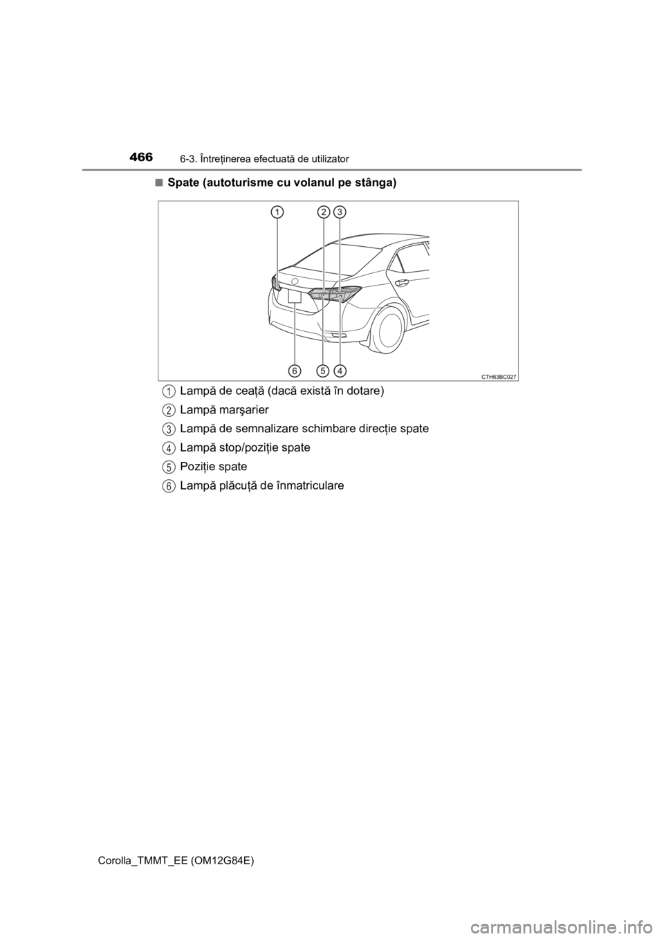 TOYOTA COROLLA 2013  Manual de utilizare (in Romanian) 4666-3. Întreţinerea efectuată de utilizator
Corolla_TMMT_EE (OM12G84E)■
Spate (autoturisme cu volanul pe stânga)
Lampă de ceaţă (dacă există în dotare)
Lampă marşarier
Lampă de semnali